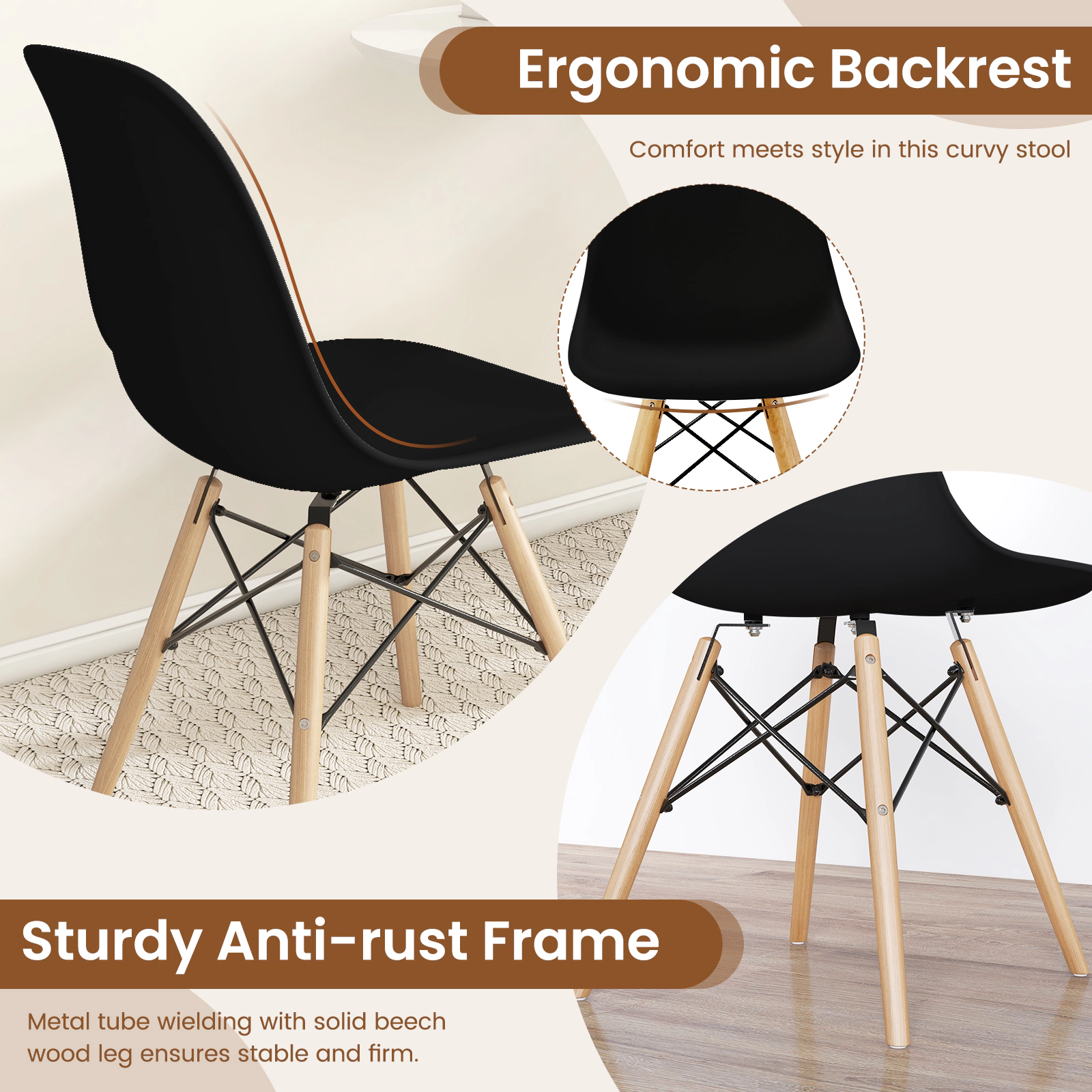 SUGIFT Beech Wood Legs Set of 4 Modern Armless Dining Chairs Molded Plastic Seats