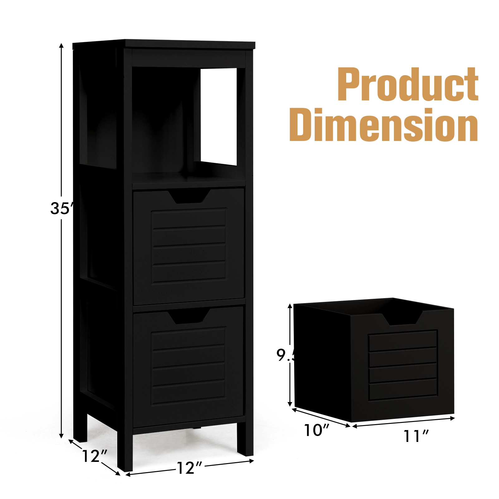 Slickblue Black Storage Organizer Cabinet with 2 Drawers and Open Display Shelf