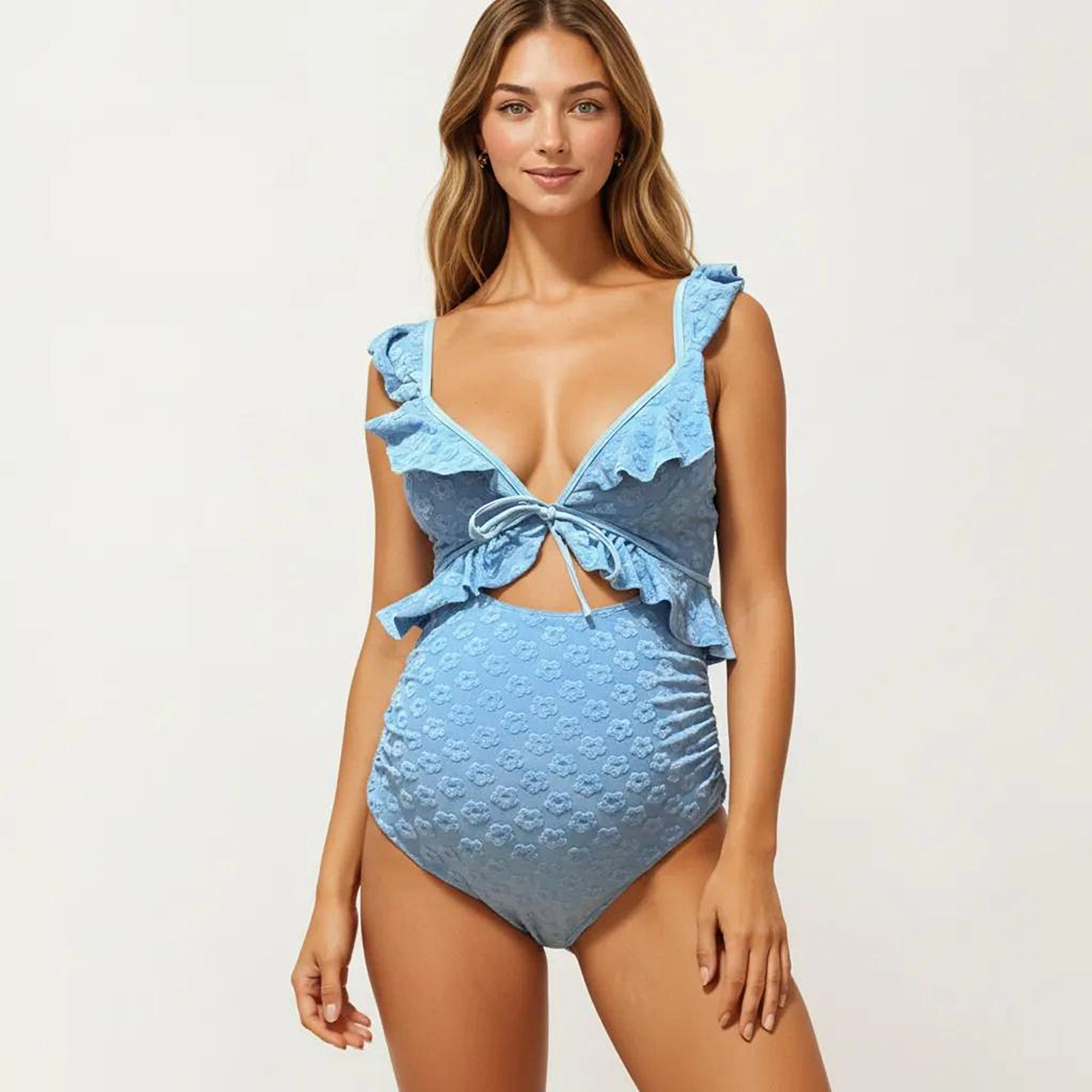 Anna-Kaci Women’s Maternity Ruffle One-Piece Swimsuit - Floral Texture, Front Tie, Blue