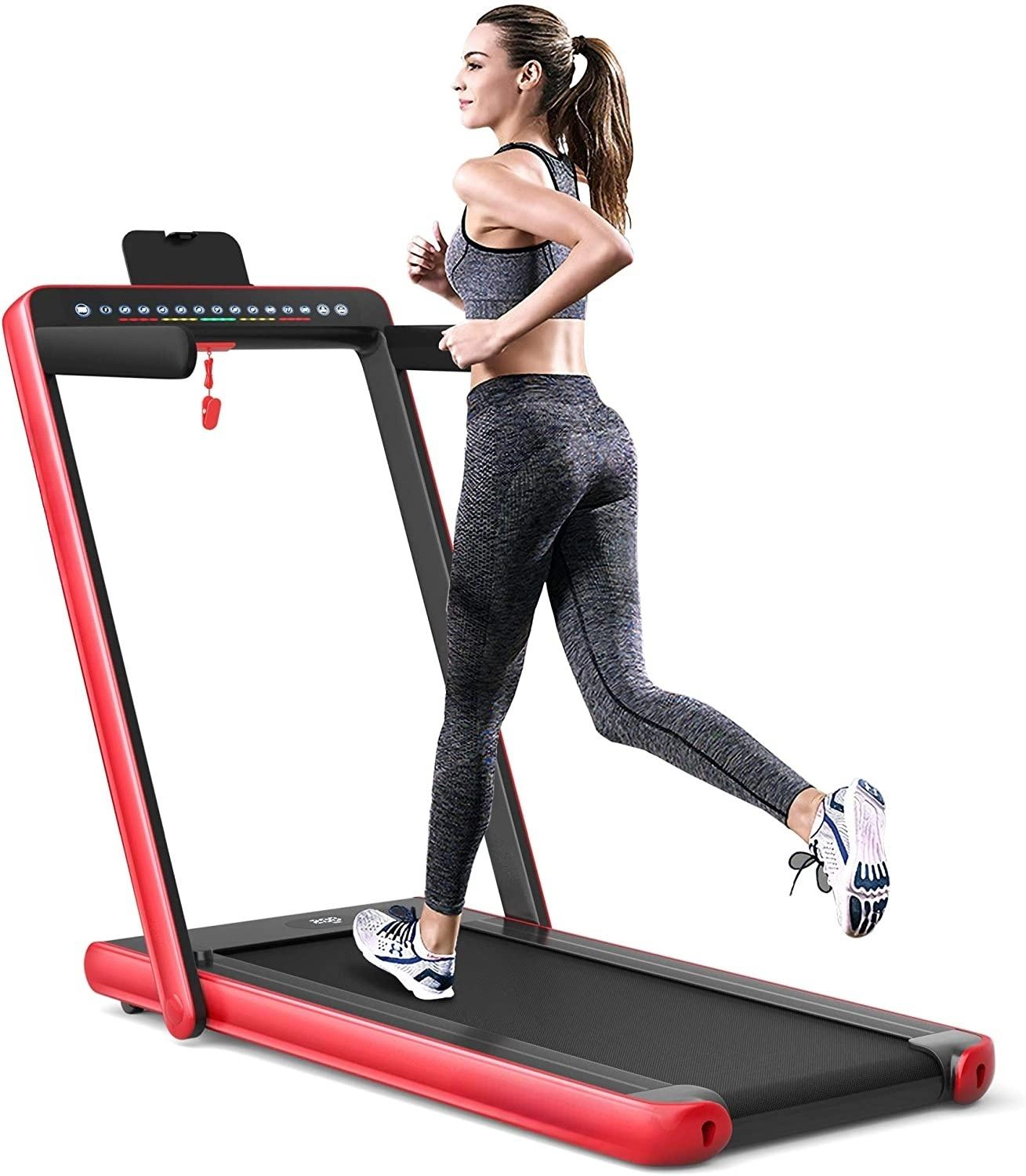 SUGIFT Red 2-in-1 Folding Treadmill with Dual Display and Bluetooth Speaker 49-in W 27-in D 265-lb User Capacity