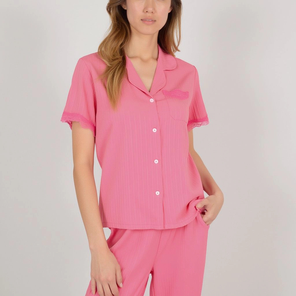 Anna-Kaci Women's Short Sleeve Pajama Set with Button Up Top Lace Trim Sleeves Chest Pocket and Relaxed Fit Lounge Pants