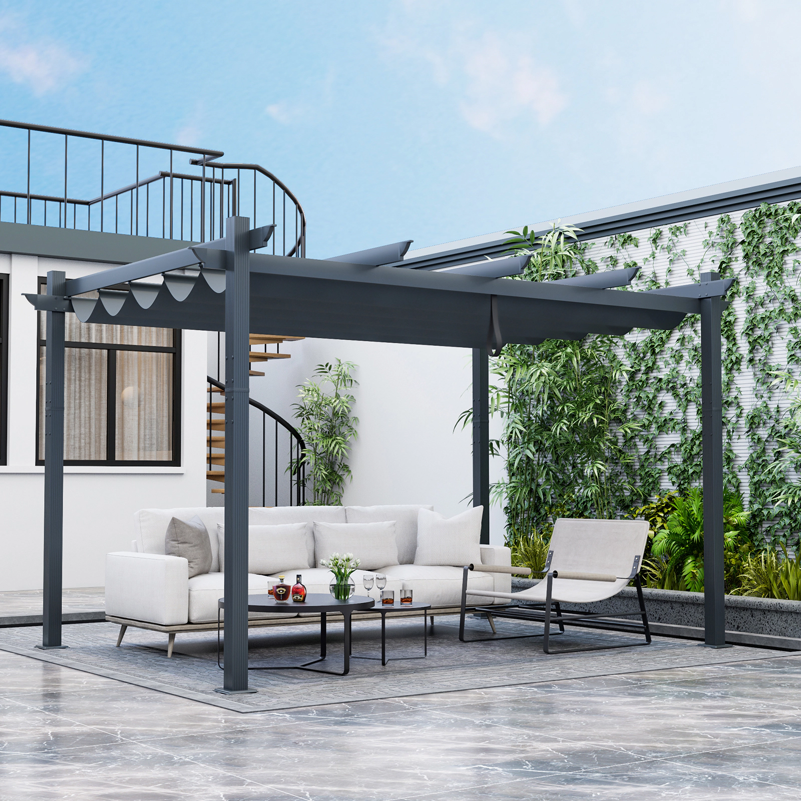 SUGIFT 10 x 13 ft Gray Aluminum Retractable Pergola with Waterproof Canopy