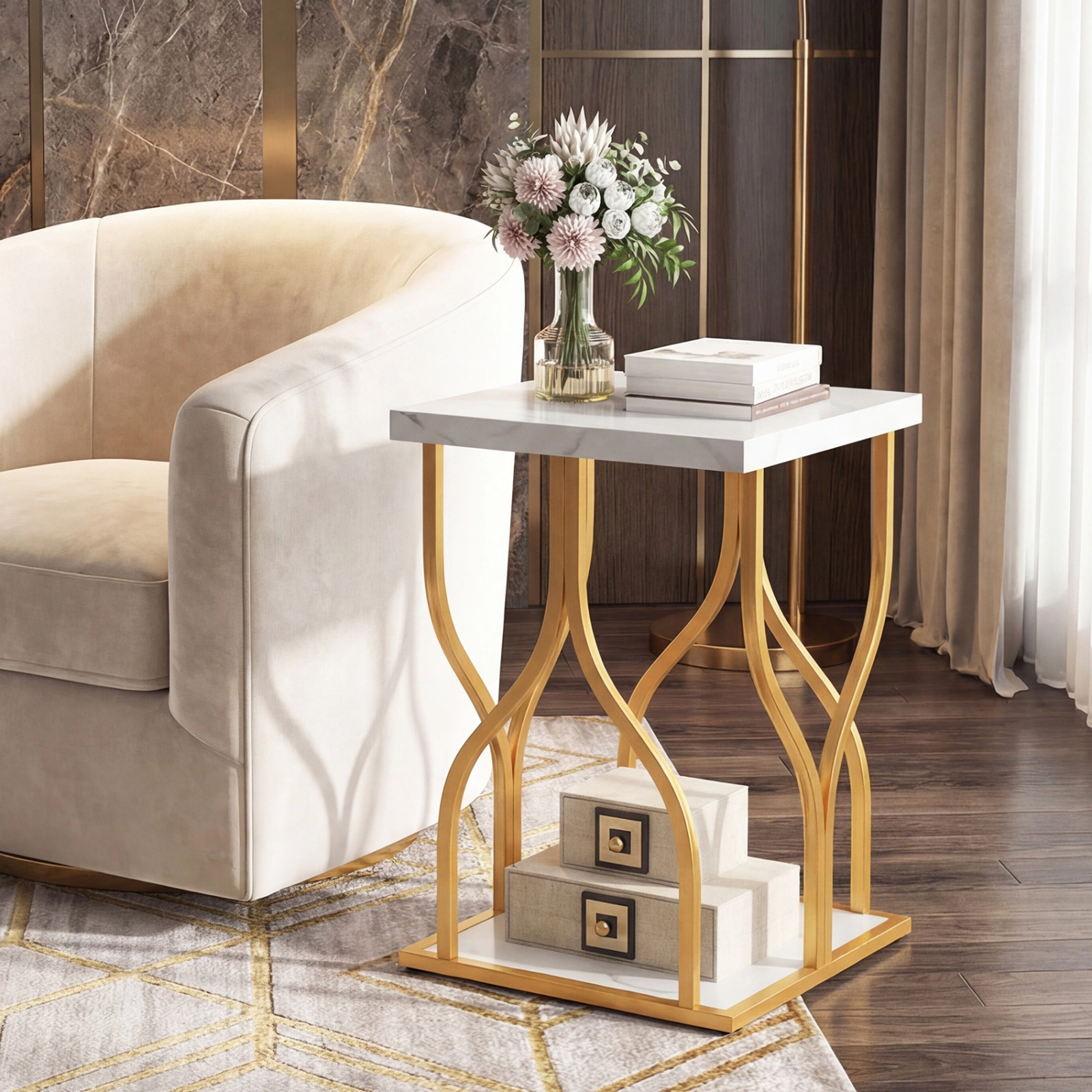 SUGIFT Faux Marble Bedside Night Stand with Petal-Inspired Metal Frame 100-lb Top Capacity White & Gold