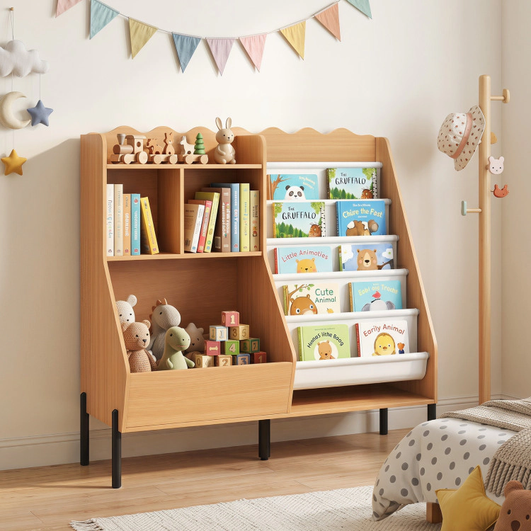 Hivvago Kids Bookshelf and Toy Storage Organizer Wooden Bookcase with 5 Fabric Pockets