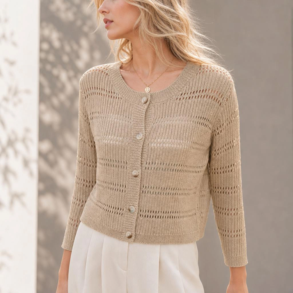 YesFashion Womens 3/4 sleeve Cardigan Shrugs Casual Crewneck Button Down Hollow Out Crochet Sweater