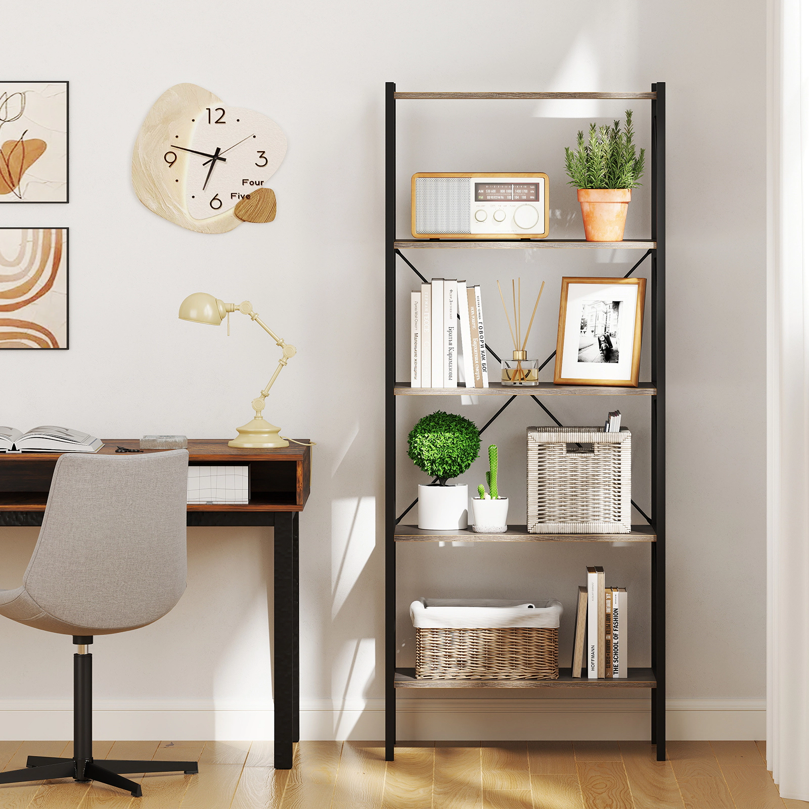 SUGIFT 5-Tier Open Bookshelf with Heavy Duty Metal Frame 220-lb Capacity 26 x 13.5 x 63 in Rustic Brown and Black