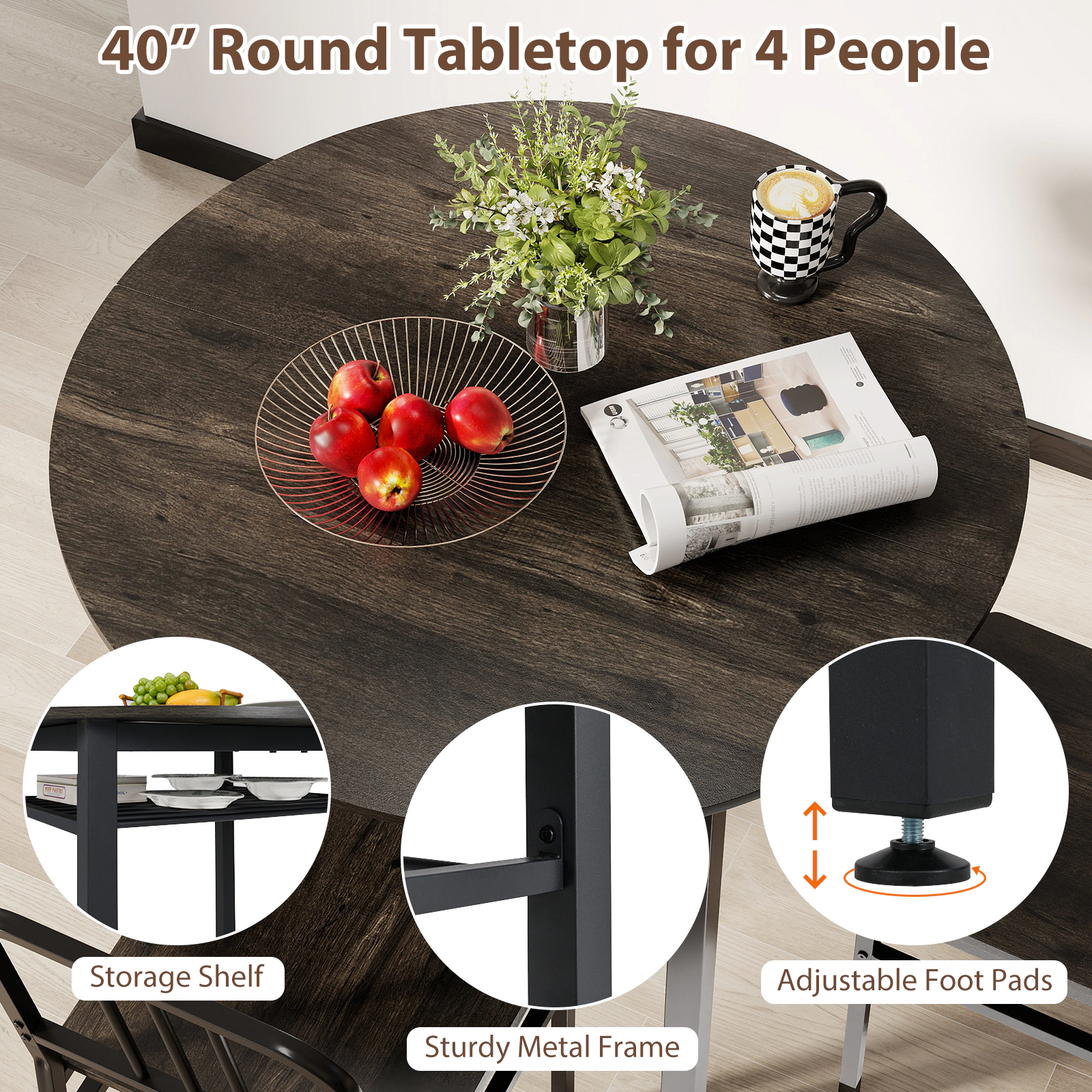 SUGIFT Gray 5-Piece Round Dining Set for 4, 40-Inch Table with Storage Shelf and Metal Chairs