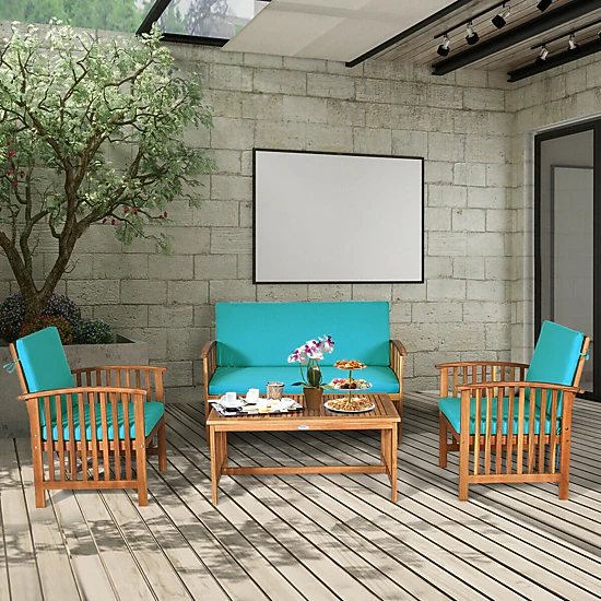 SUGIFT 4-Piece Blue Patio Furniture Set with Solid Acacia Wood Loveseat and Coffee Table 360-lb Per Sofa
