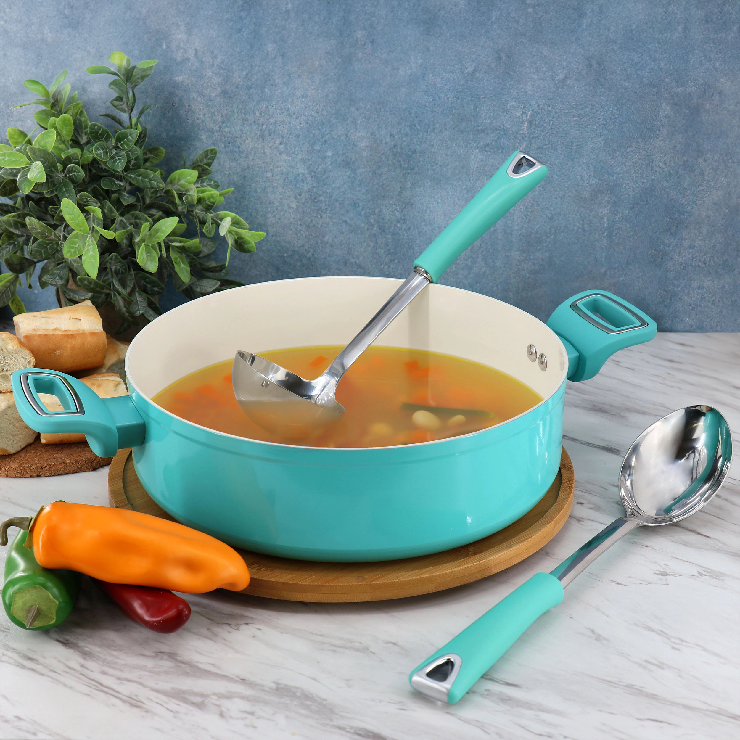 Martha Stewart Everyday Drexler 2 Piece Ladle and Serving Spoon Kitchen Tool Set in Turquoise
