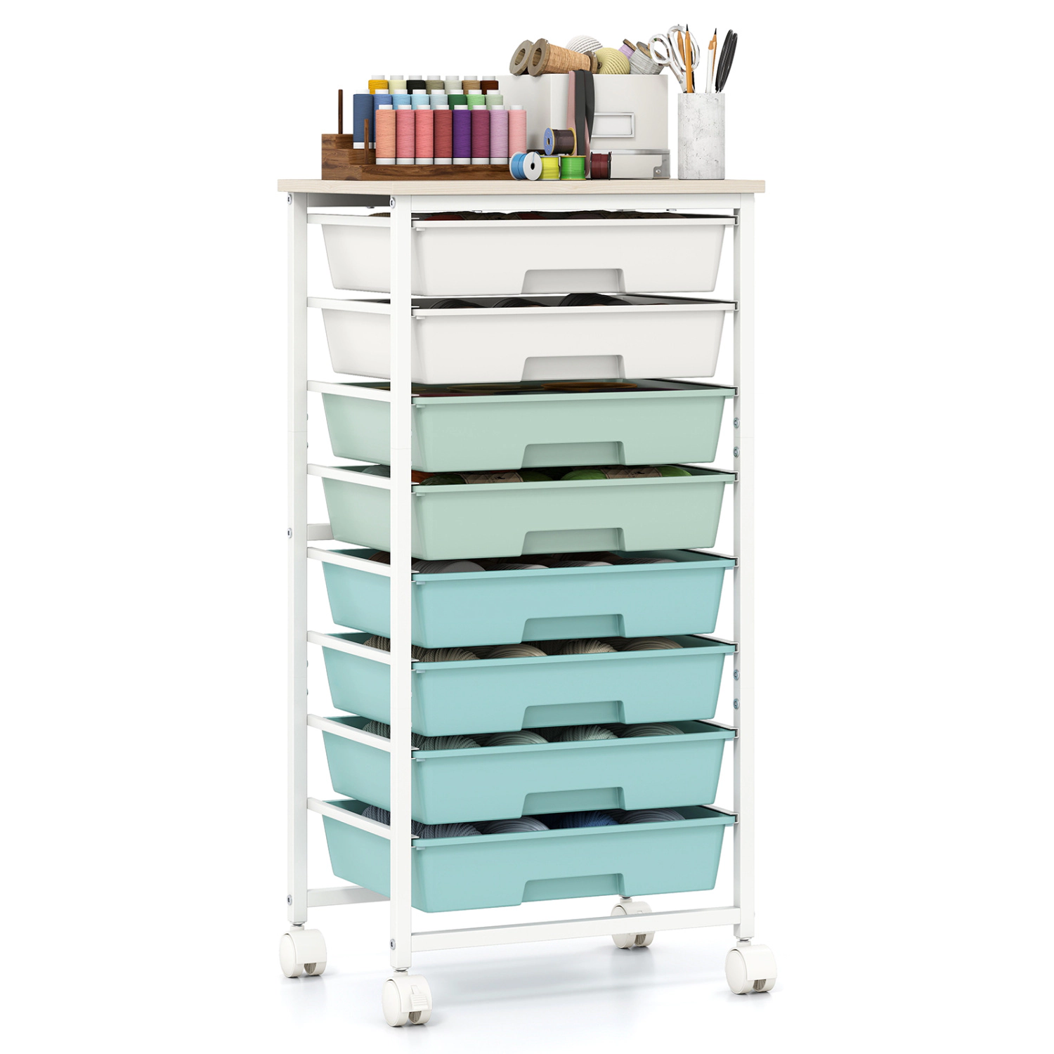 LJG Rolling Cart with 8 Drawers and Wooden Tabletop Lockable Wheels for Home Office