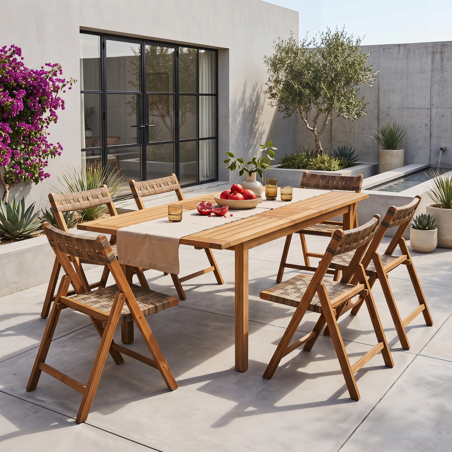 LJG Teak Folding Chairs Set of 2 with Hand-Woven Rattan and Contoured Back