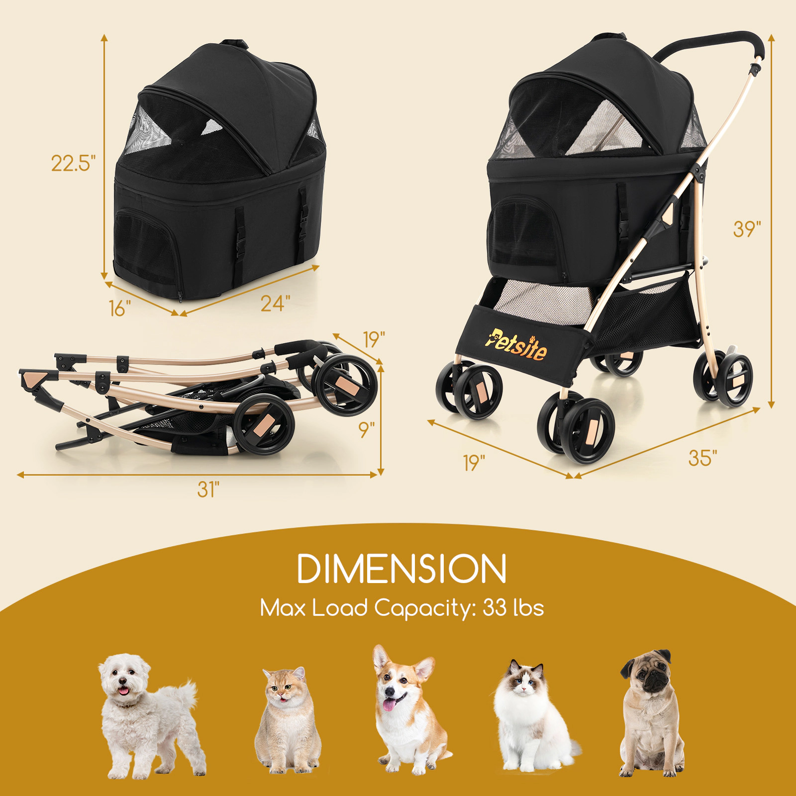 SUGIFT 3-in-1 Pet Stroller with Removable Car Seat Carrier and Pet Bed 33-lb Capacity Black