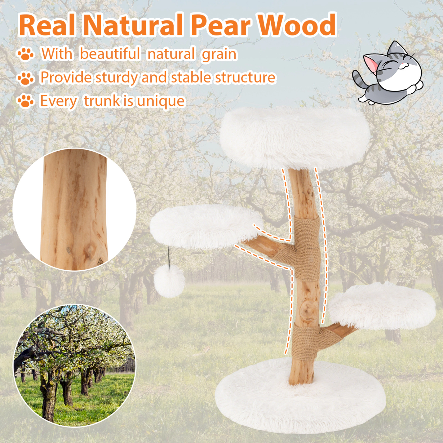 SUGIFT White Solid Pear Wood Cat Tree with 16 in Perch and Natural Jute Posts