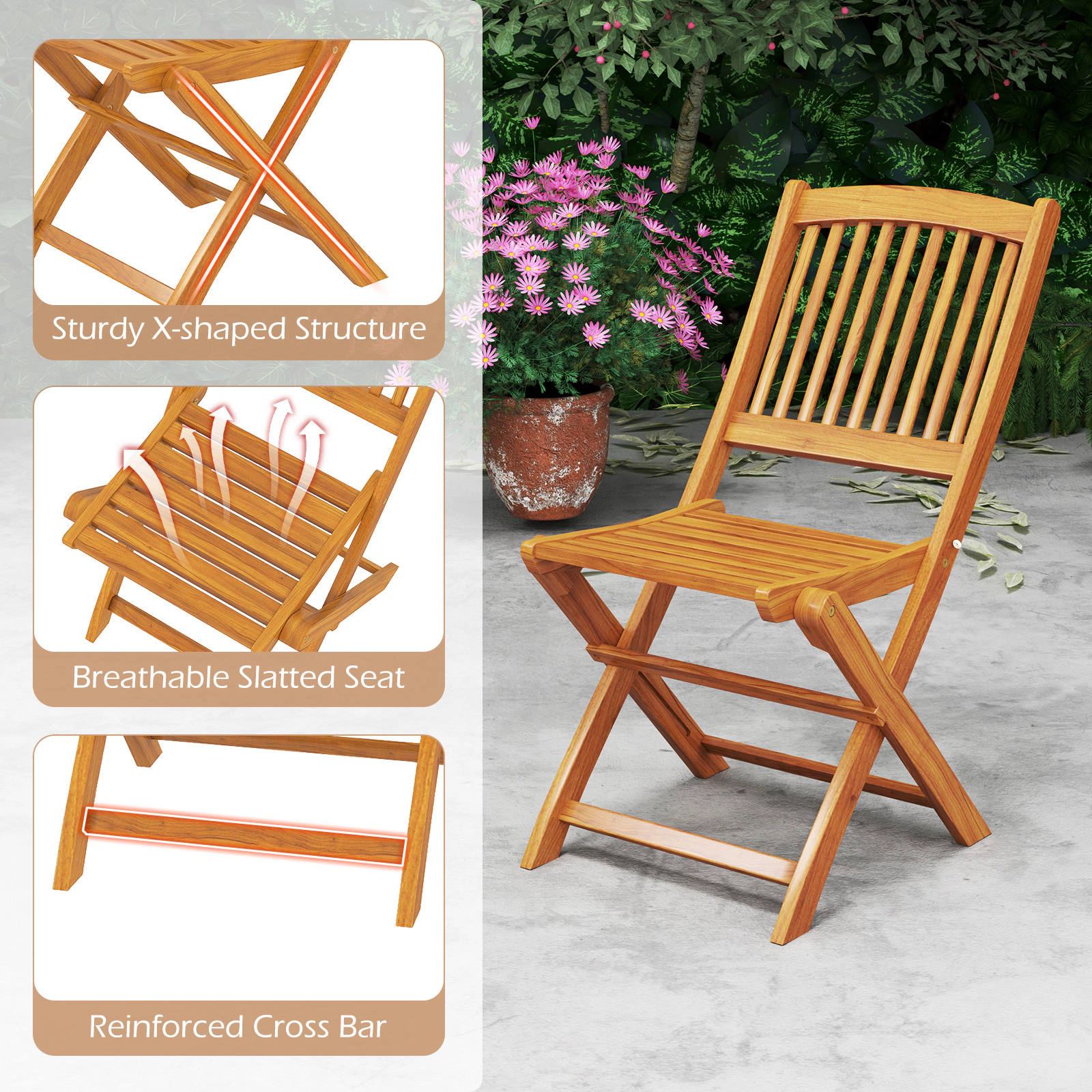 SUGIFT Set of 2 Natural Acacia Wood Folding Outdoor Chairs with Beige Cushions, 400 lb Capacity