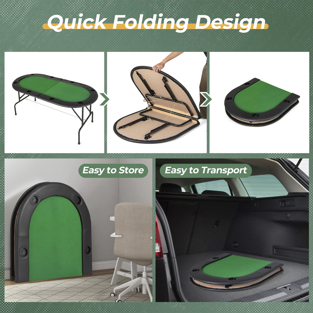 SUGIFT Green 8-Player Foldable Poker Table with 8 Cup Holders and Padded Armrests 72-in W 36-in D 30-in H