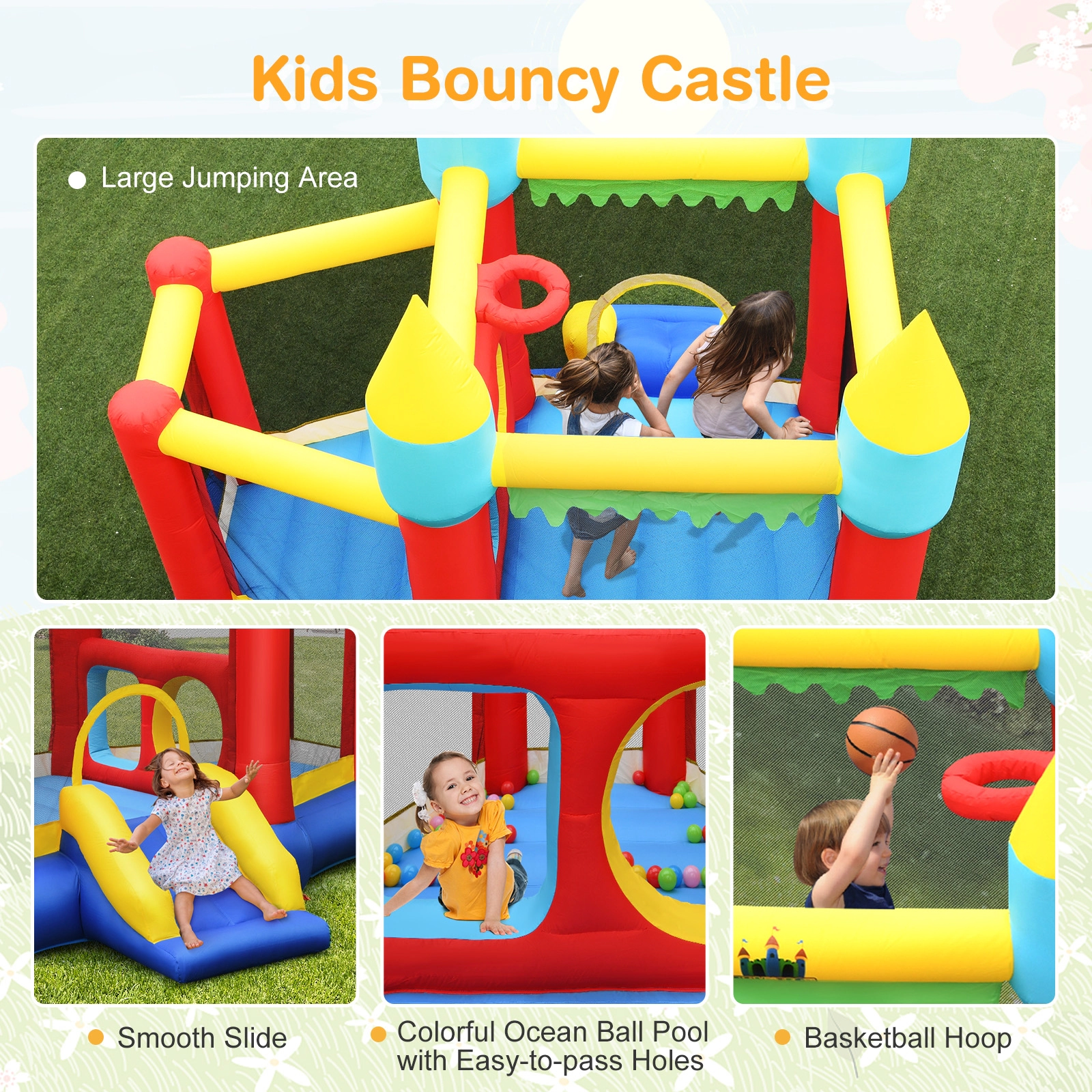 SUGIFT Dual Jumping Area Inflatable Bounce Slide Jumping Castle 300-lb Capacity Ages 3-10 Blue Red Yellow Green