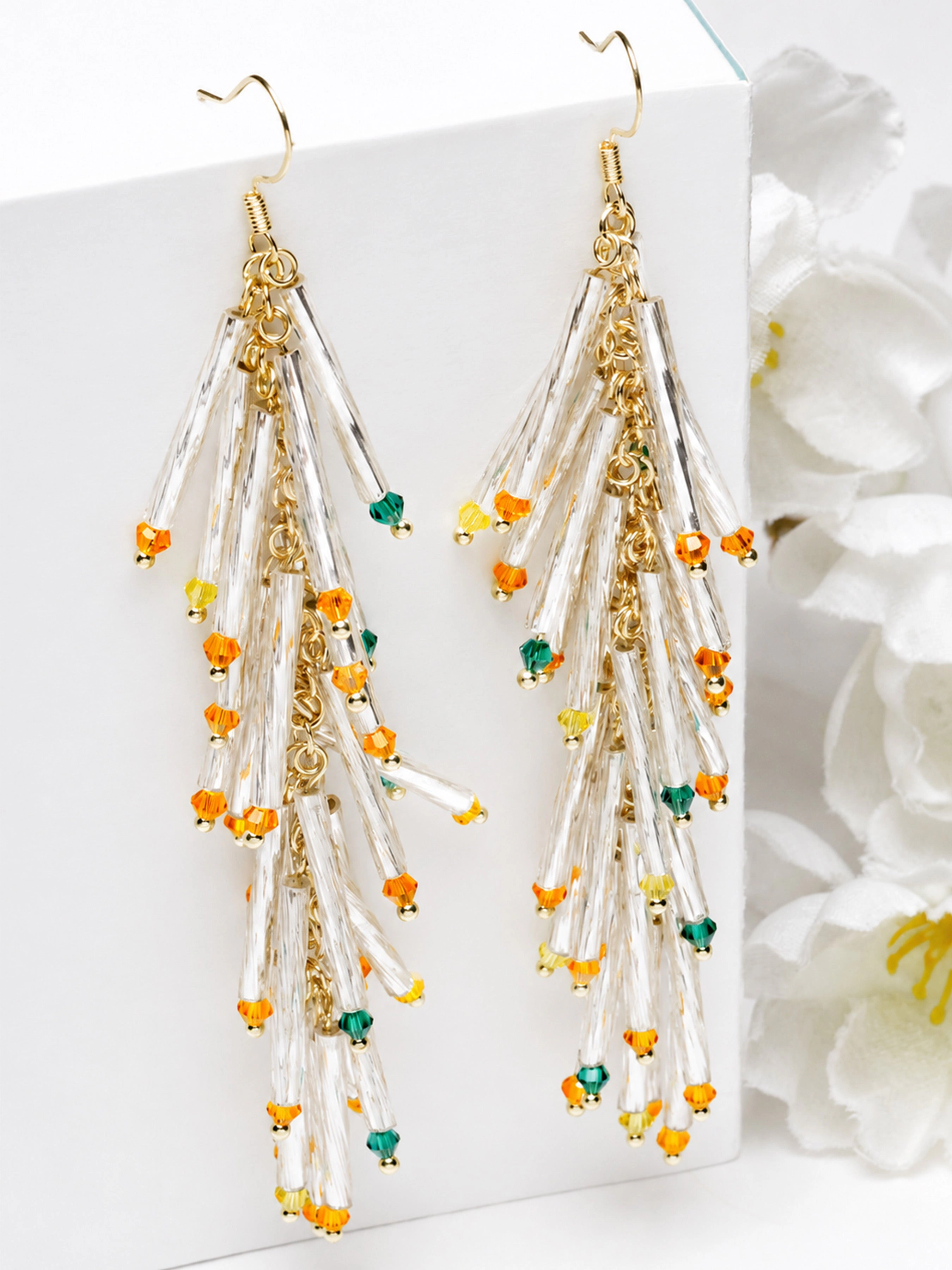 AGP PARIS Womens White Beaded Tassel Drop Earrings