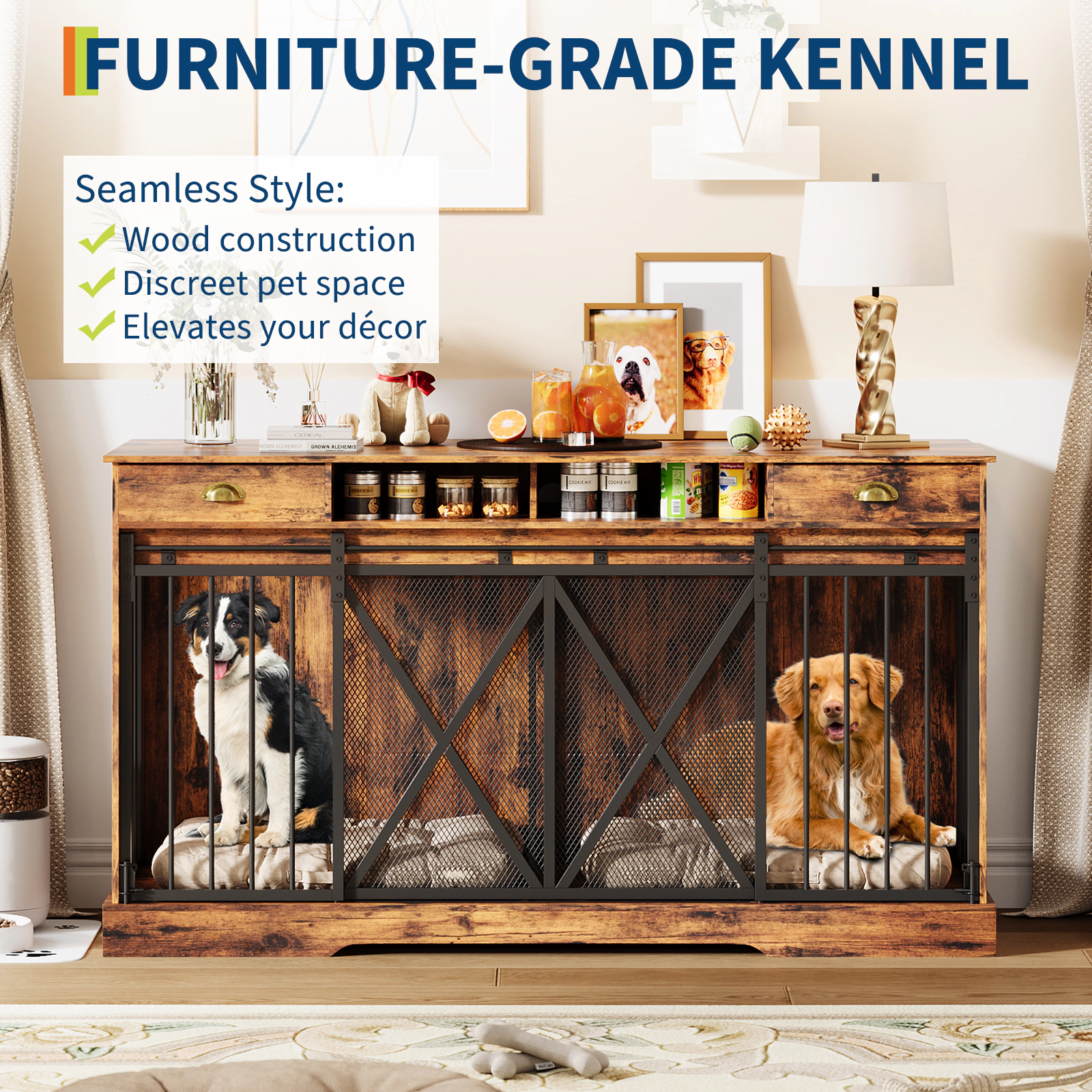 63" Extra Large Double Dog Crate with Removable Divider & 2 Drawers, Heavy Duty Furniture TV Stand
