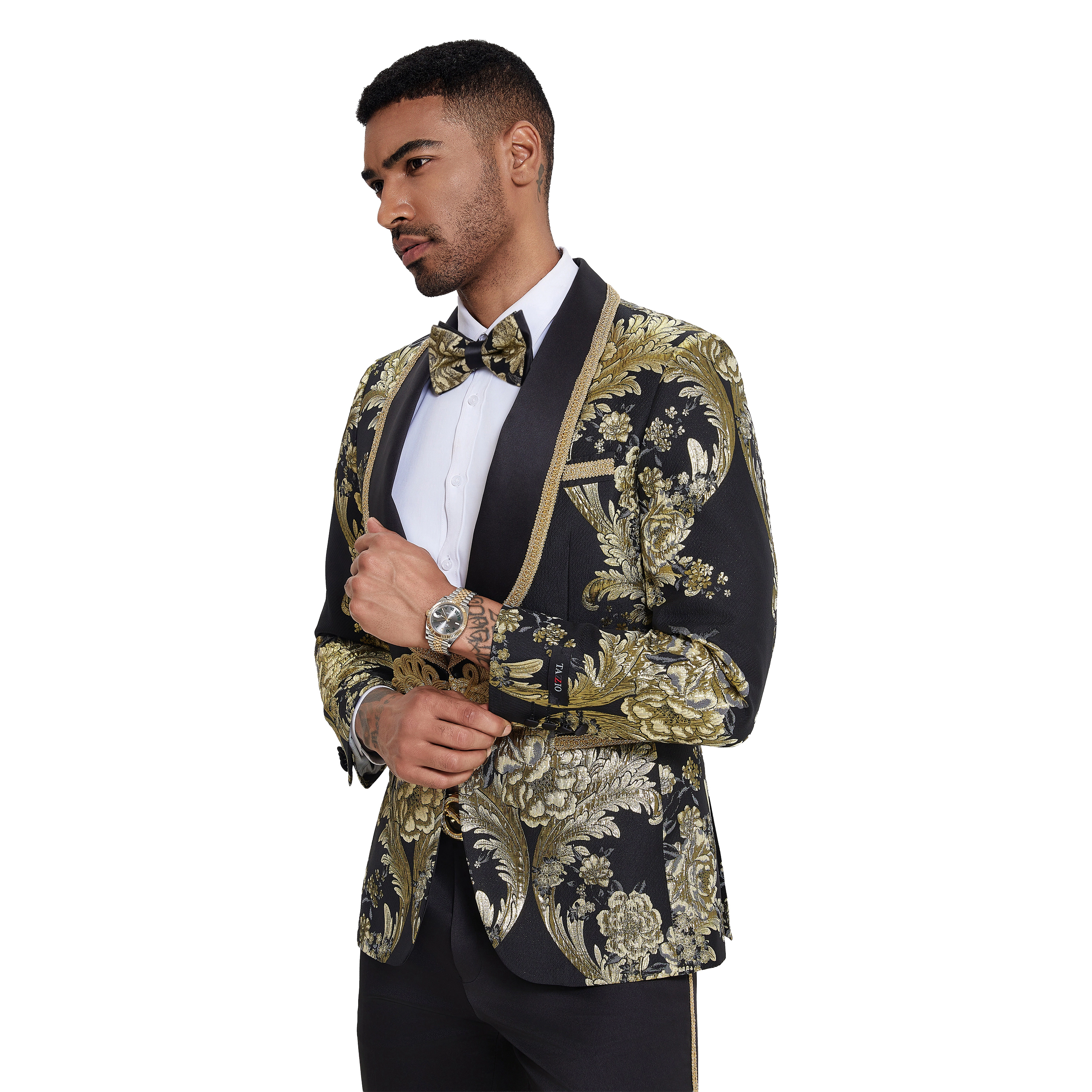 Tazzio Mens Skinny Fit Paisley Jacquard 2pc Tuxedo Set With Bowtie