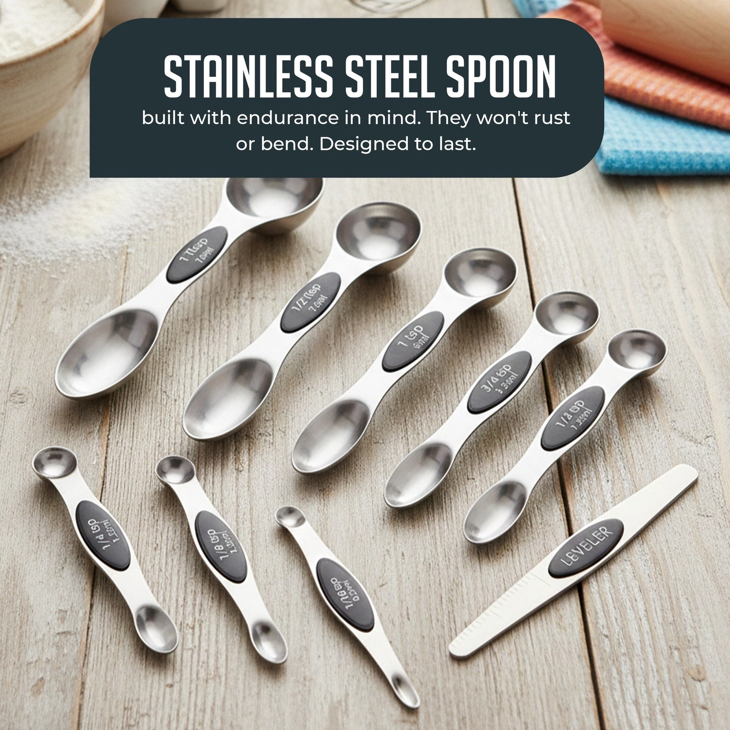 Luminuxe Magnetic Measuring Spoons with Leveler Set, Dual Sided Stainless Steel, Strong N40 Magnets Nesting Spoon