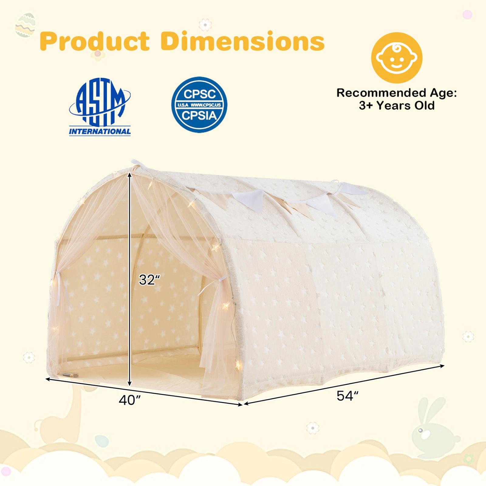 SUGIFT Kids Bed Tent Beige for Twin Bunk Bed with Glow in the Dark Stars