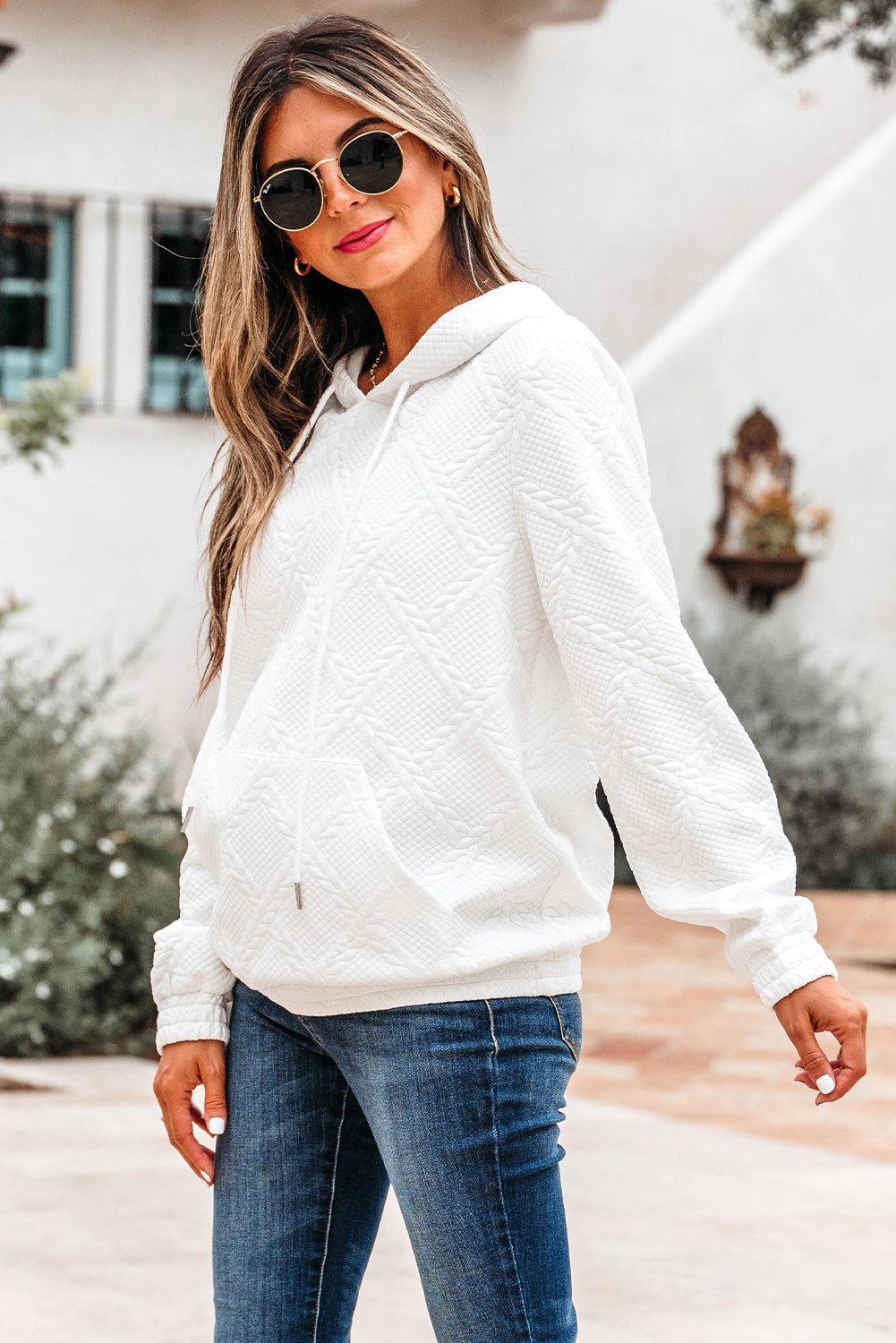 Threaded Pear Women's Magnolia Cable Lattice Texture Kangaroo Pocket Hoodie