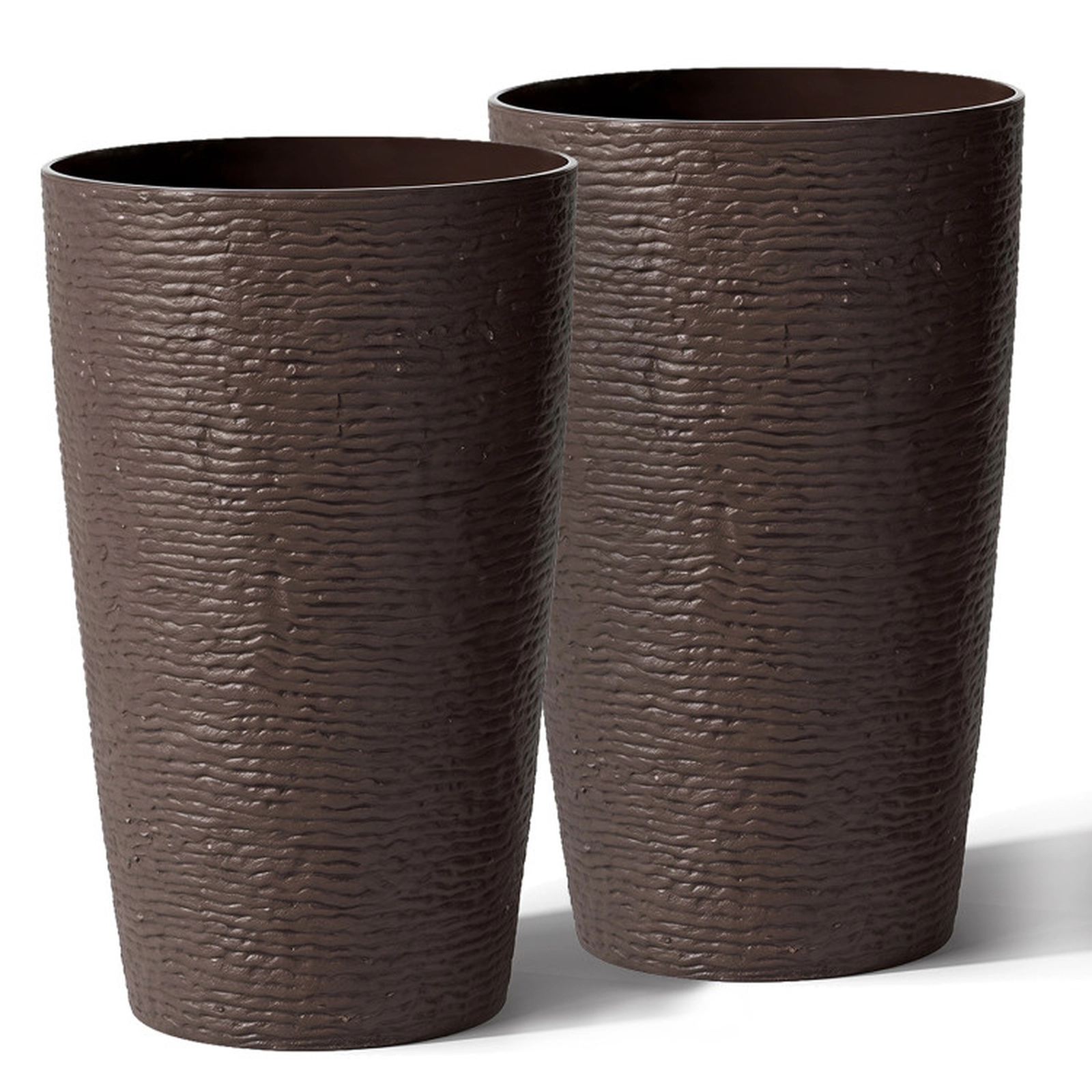 SUGIFT 21-in Tall Round Plastic Planters with Optional Drainage System Brown Set of 2