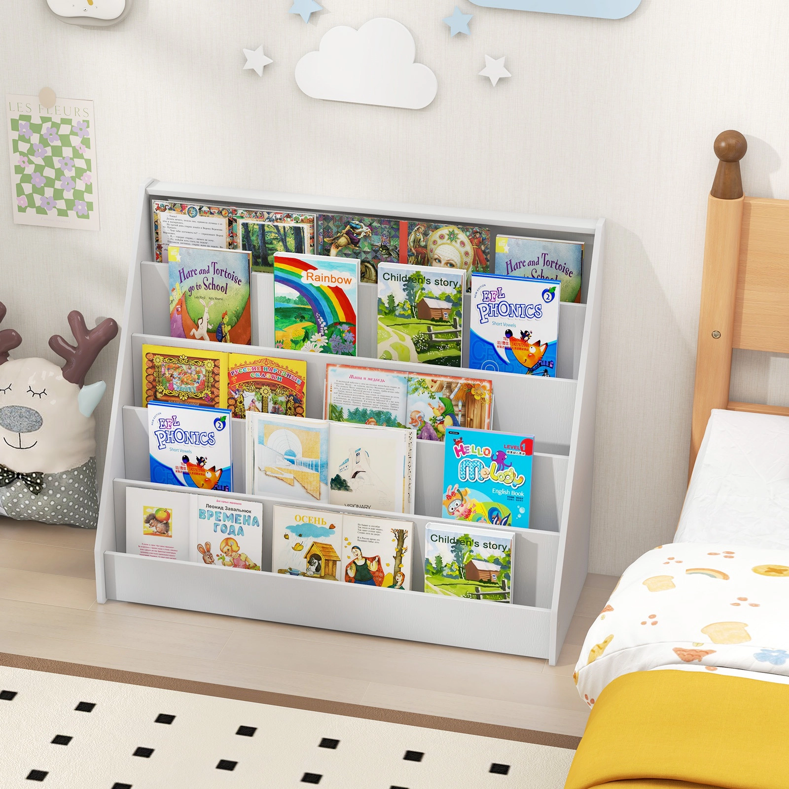 SUGIFT Kids 5-Tier Deep Compartments Front-Facing Anti-Tip Wooden Bookshelf 36-in x 15-in x 30-in Ages 3+ White