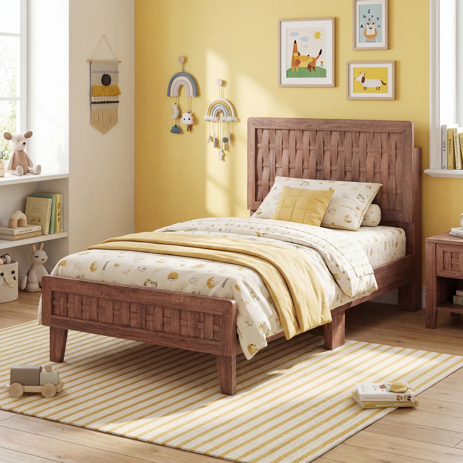 LJG Bed Frame Mid Century with Woven Accent Headboard