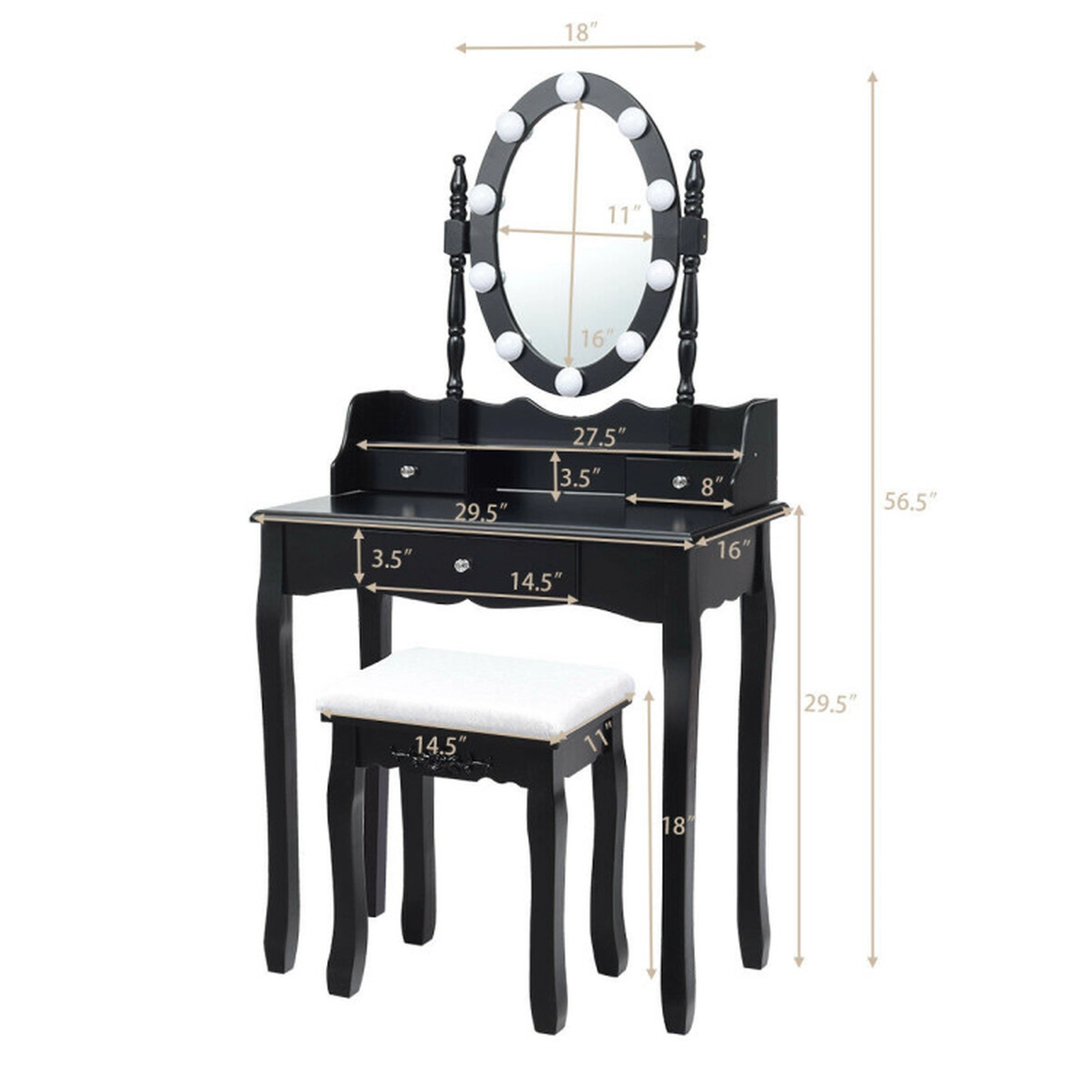 SUGIFT Oval Mirror Vanity Set with 10 LED Dimmable Bulbs and 3 Drawers 287-lb Table Capacity 250-lb Stool Capacity Black