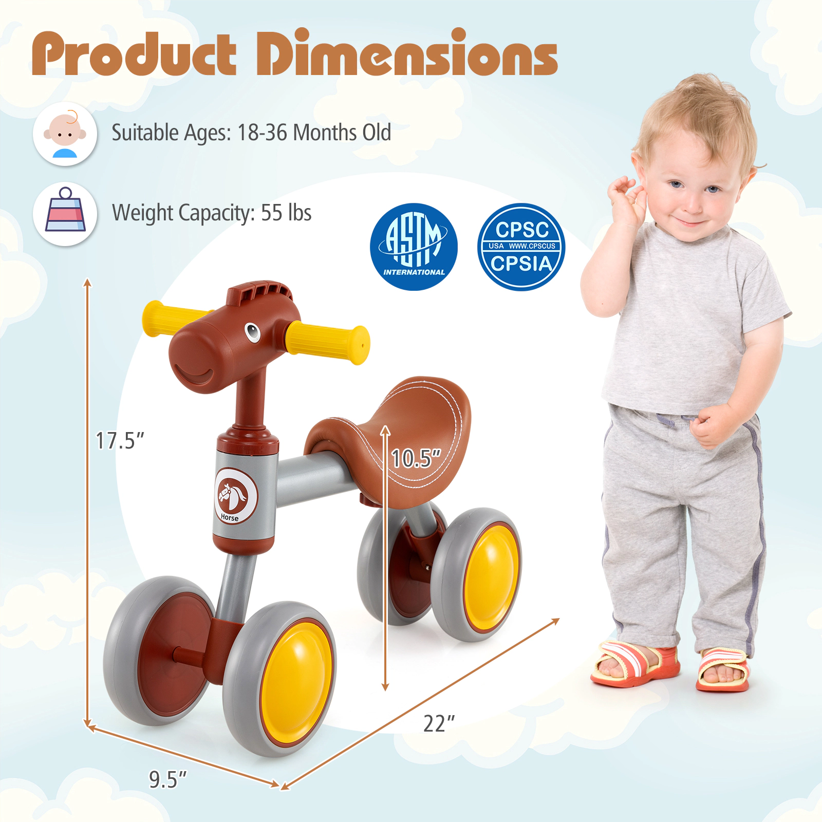 SUGIFT Brown No Pedal 4 Wheel Ride On 135 Degree Limit Steering Baby Balance Bike