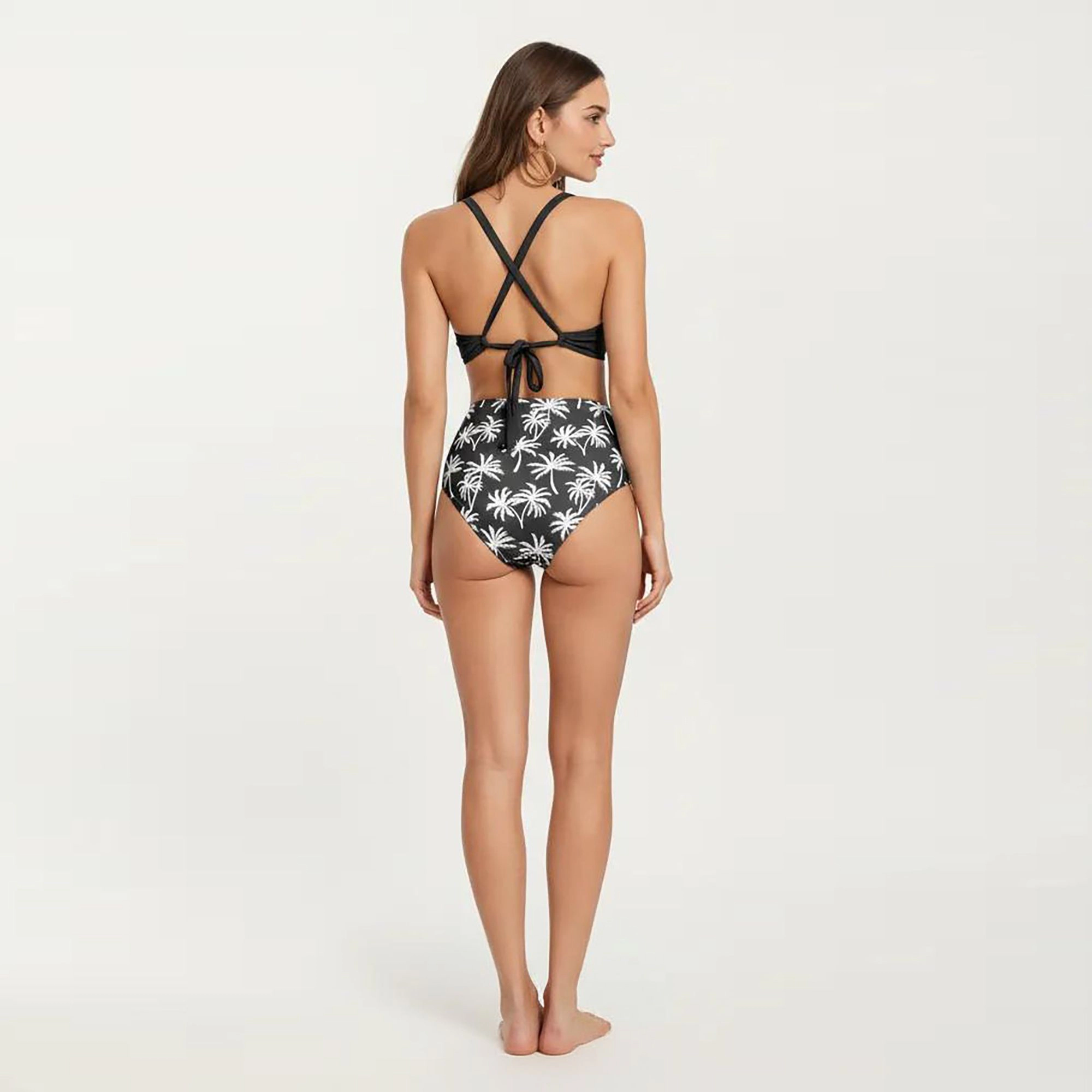 Anna-Kaci Women's 2-Piece High Waisted Bikini Set with Ring Strap Top and Palm Print Bottom