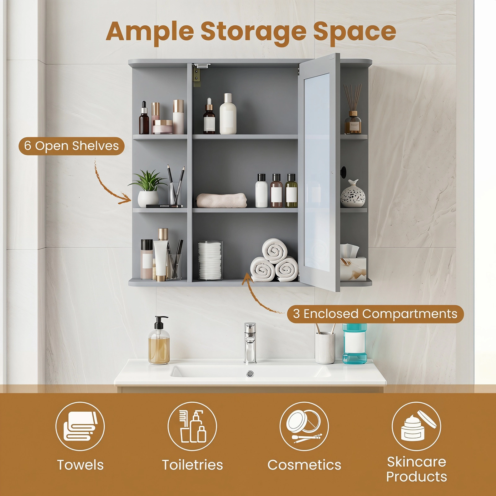 SUGIFT Mirrored Door 3 Compartments 6 Open Shelves Wall Bathroom Medicine Cabinet 26-in x 6.5-in x 25-in 120-lb Gray
