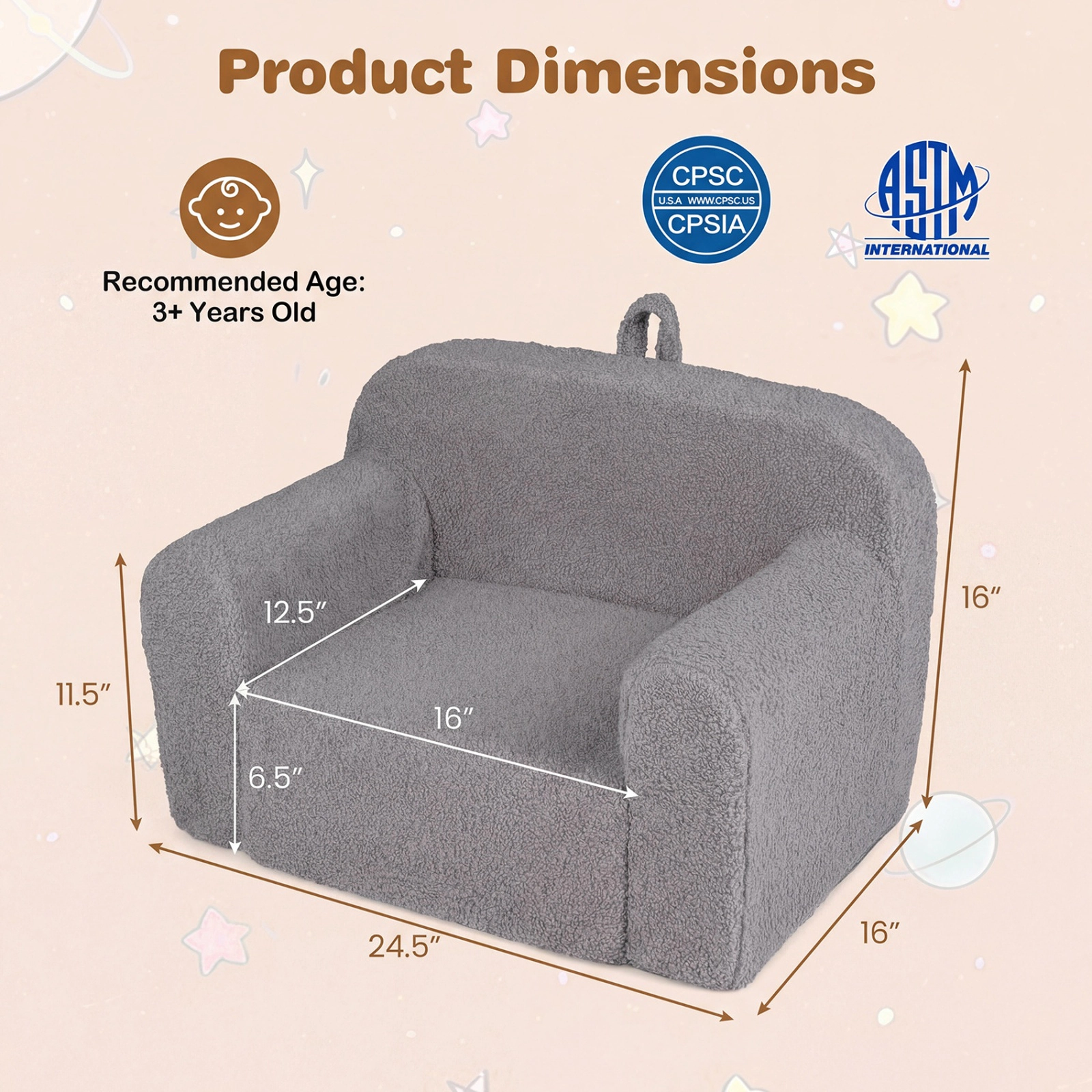 SUGIFT Teddy Fleece Kids Couch Portable Toddler Sofa Chair with Carry Handle 24.5-in Wide Ages 3+ Gray