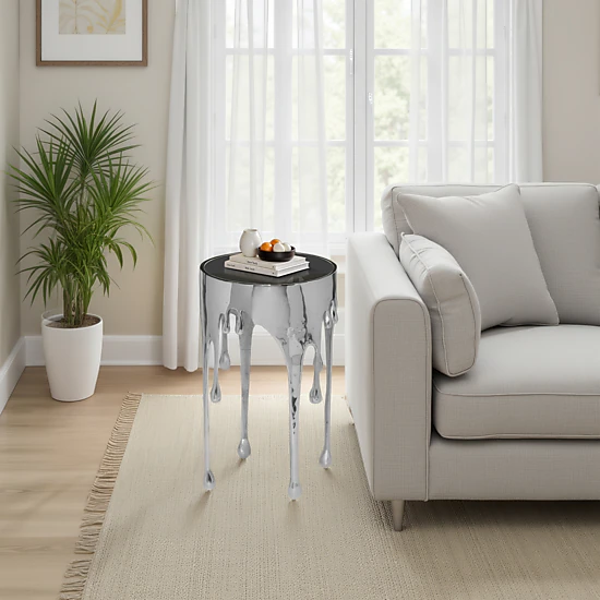 The Urban Port Capri Side End Table, 24.75 Inch Round Glass Top ...