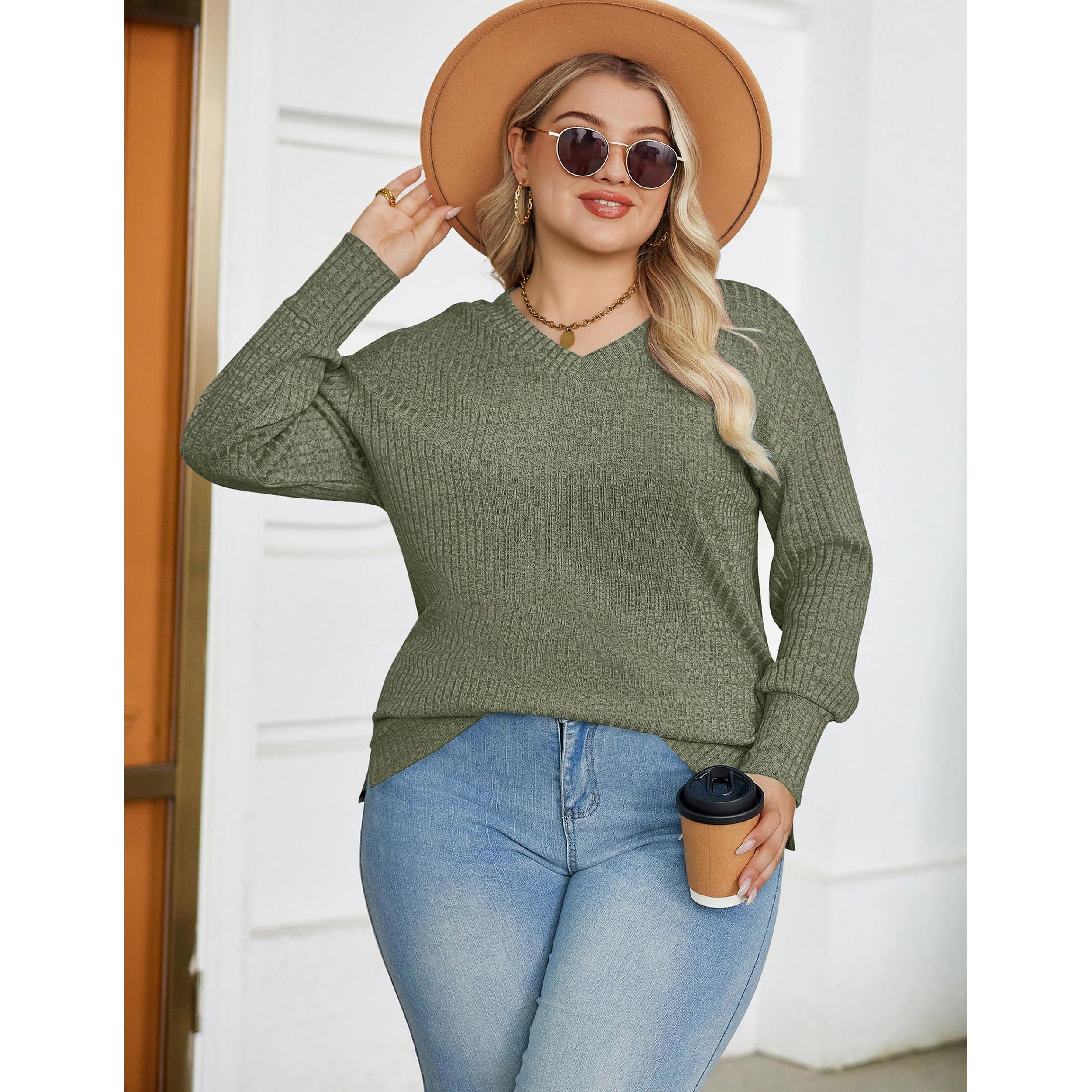 Zeagoo Women's Plus V-Neck Long Sleeve Loose Fit Sweater