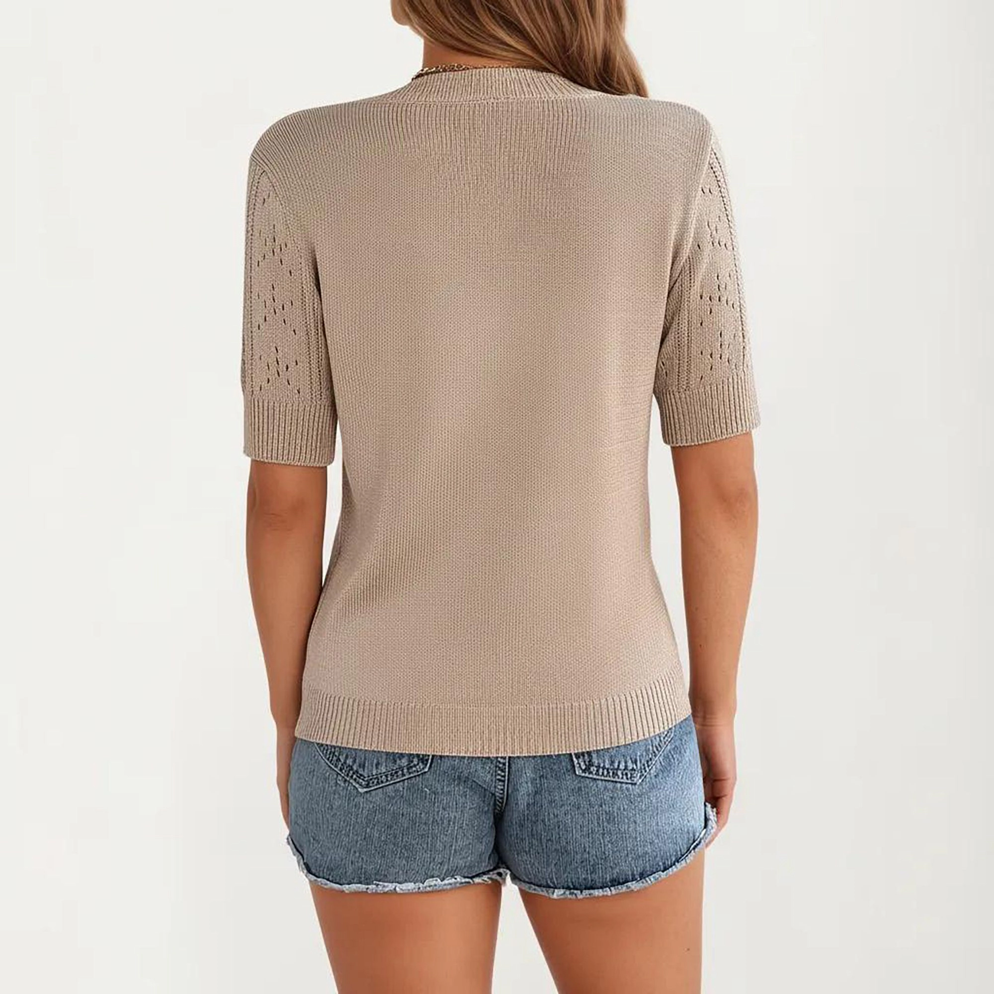 Anna-Kaci Women's Short Sleeve Open Knit Pullover Sweater Top with Crew Neck and Relaxed Fit