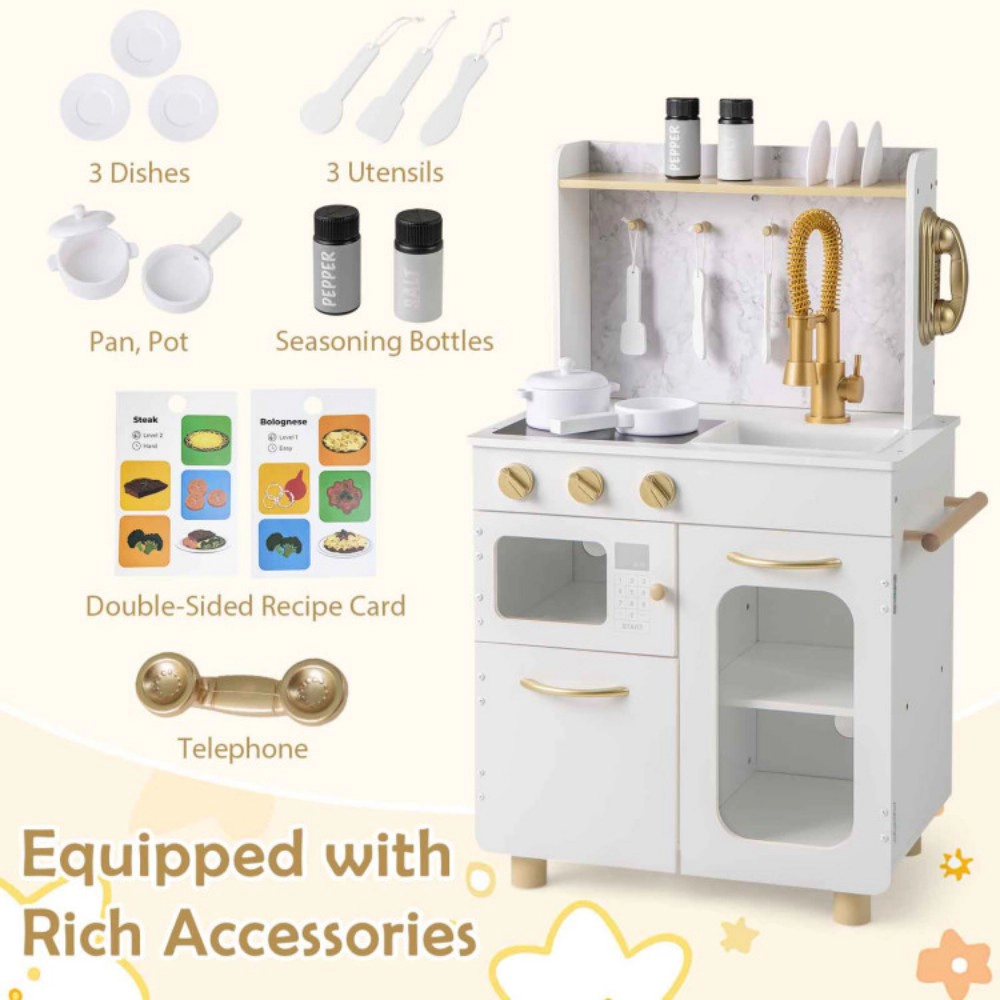 SUGIFT Kids Pretend Play Kitchen Set with Stoves Sink Telephone Microwave and Oven 32-in Tall Ages 3+ White
