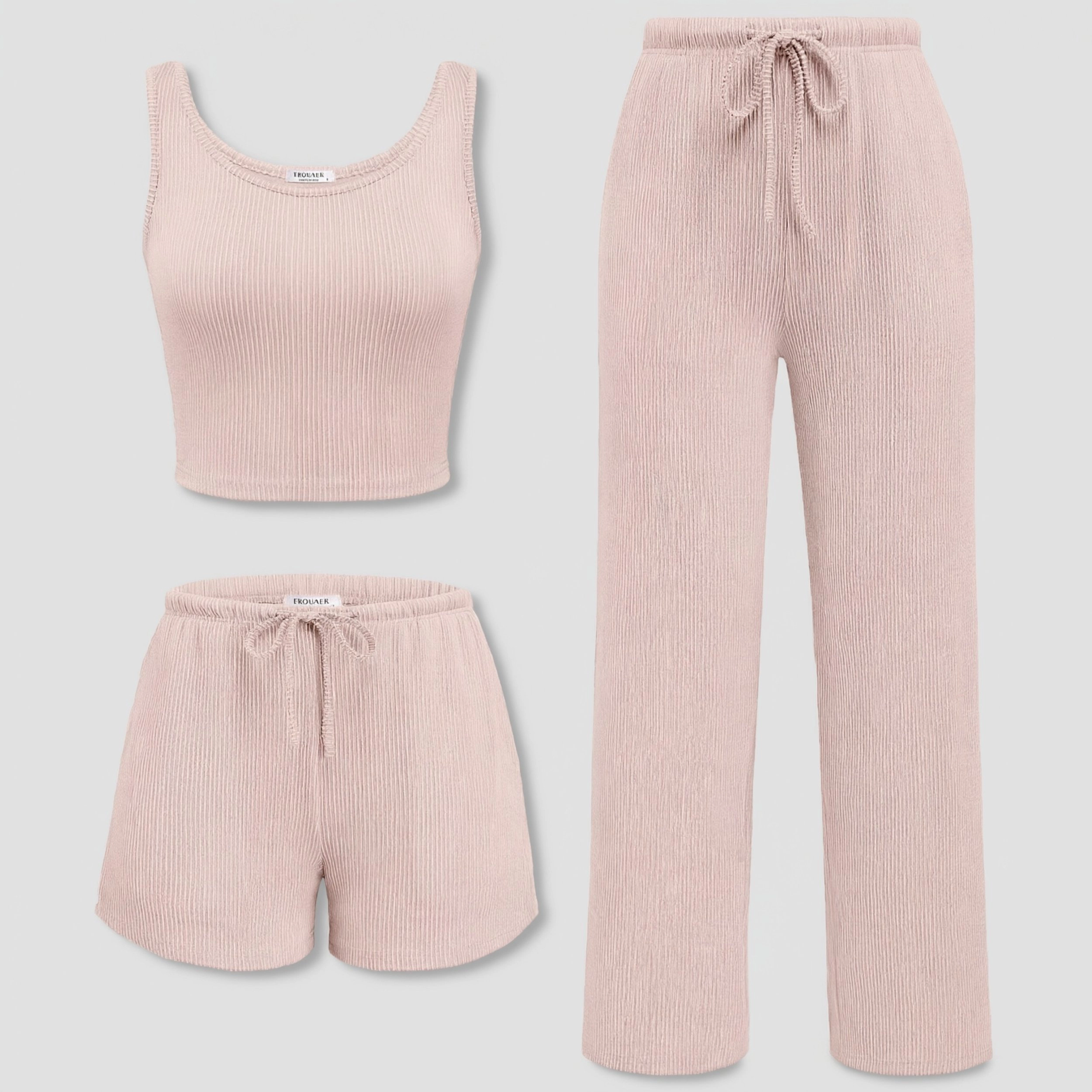 Ekouaer Women’s Three Piece Twisted Rib Lounge Set Crop Top Shorts and Pants