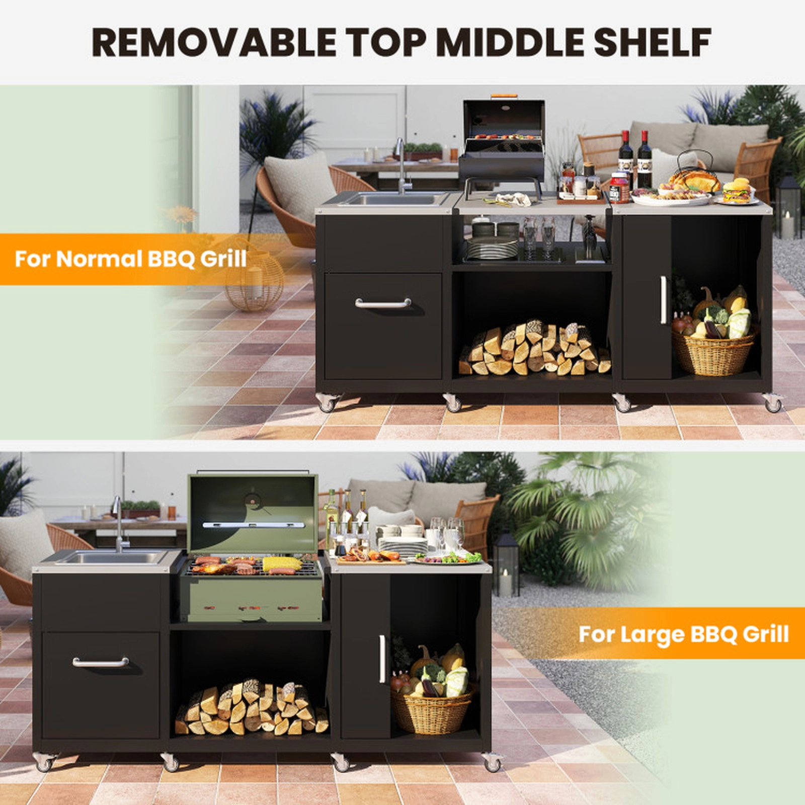 SUGIFT Black Outdoor Grill Table with Sink and Storage Cabinet 80-in W 24-in D 50.5-in H 385-lb Countertop Capacity