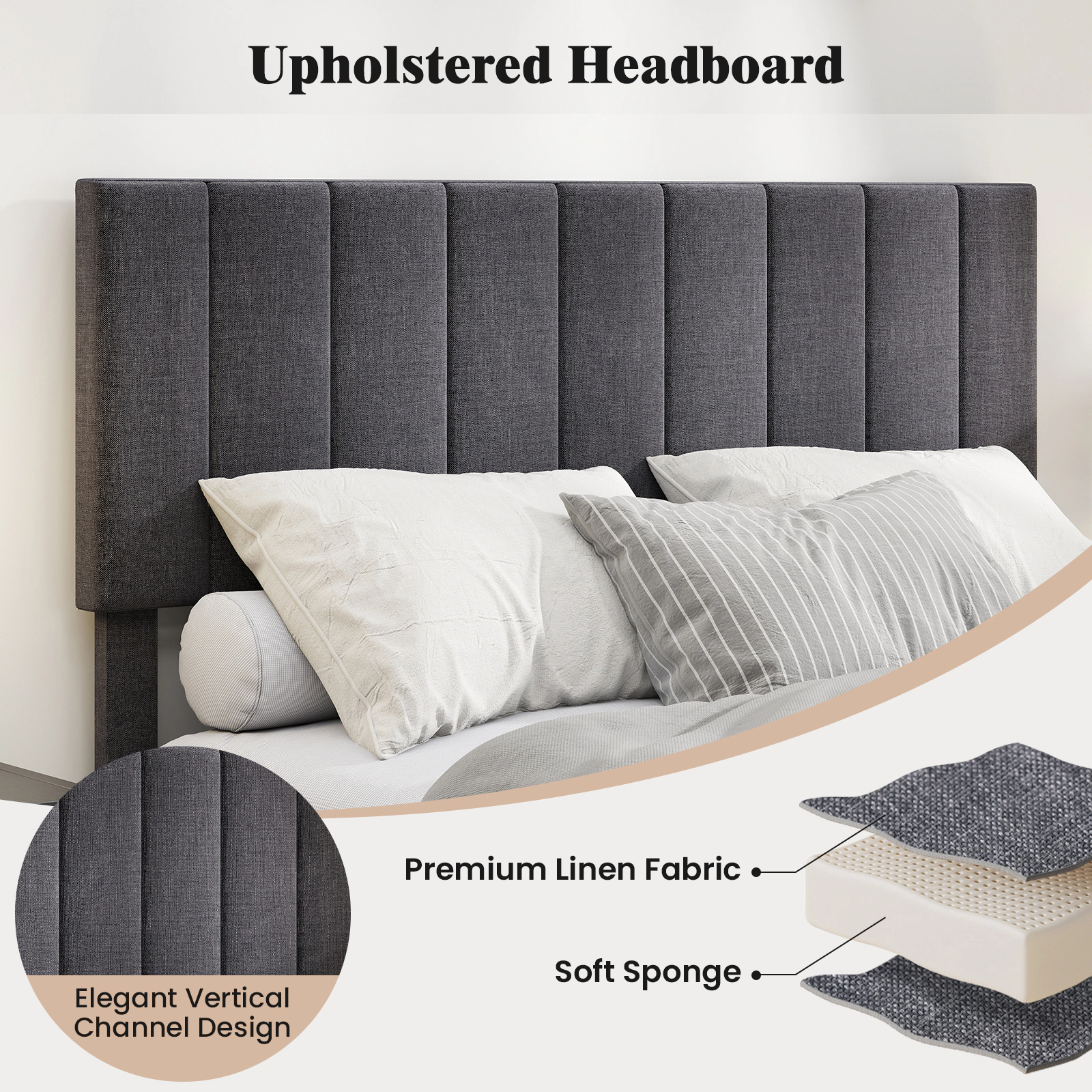 SUGIFT Height Adjustable Vertical Channel Headboard Platform Bed 800-lb Capacity Full Size Gray Velvet Upholstery