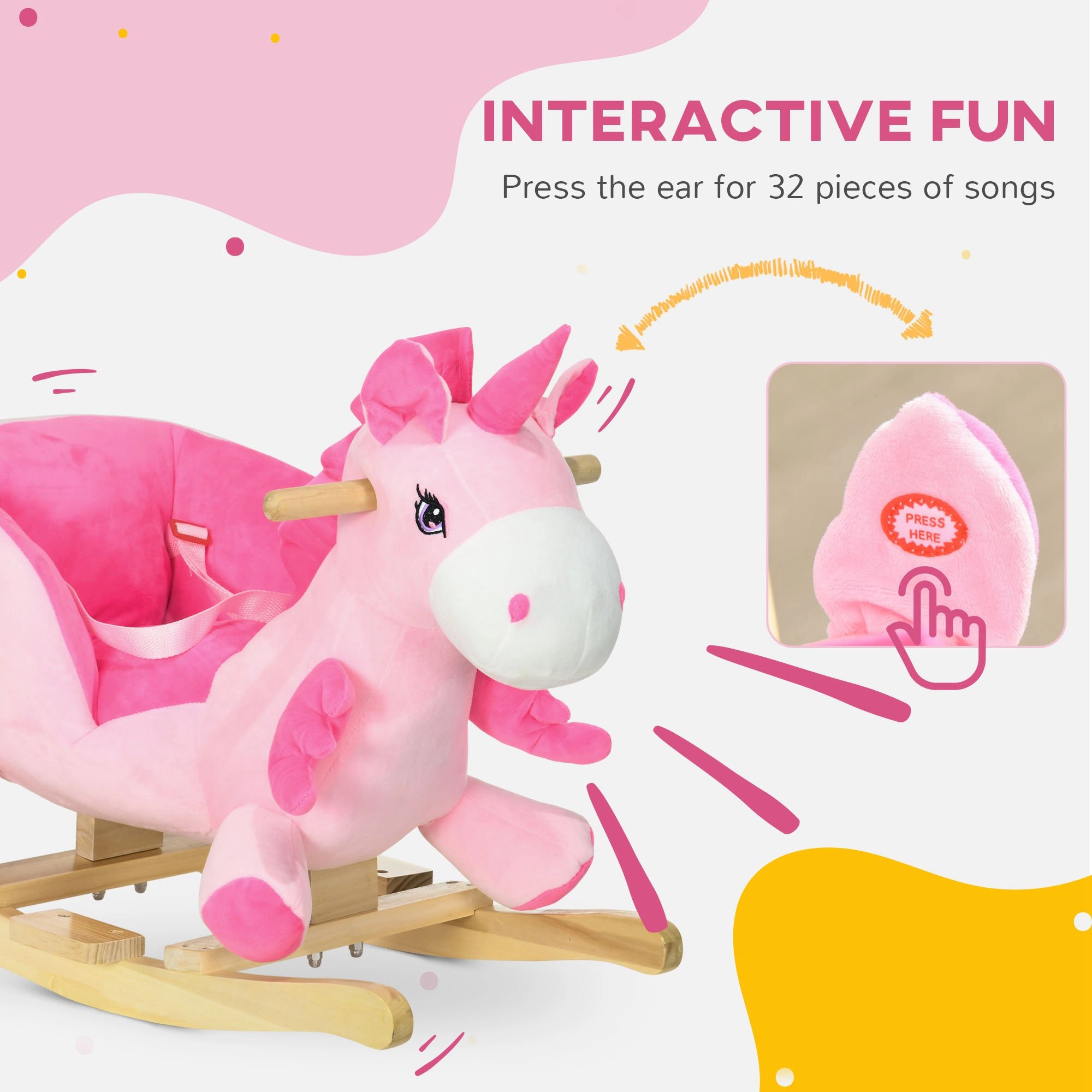 HONGGE Musical Unicorn Rocking Horse with 32 Songs & Seatbelt, Wood Base, Ages 18-36 Months, Pink