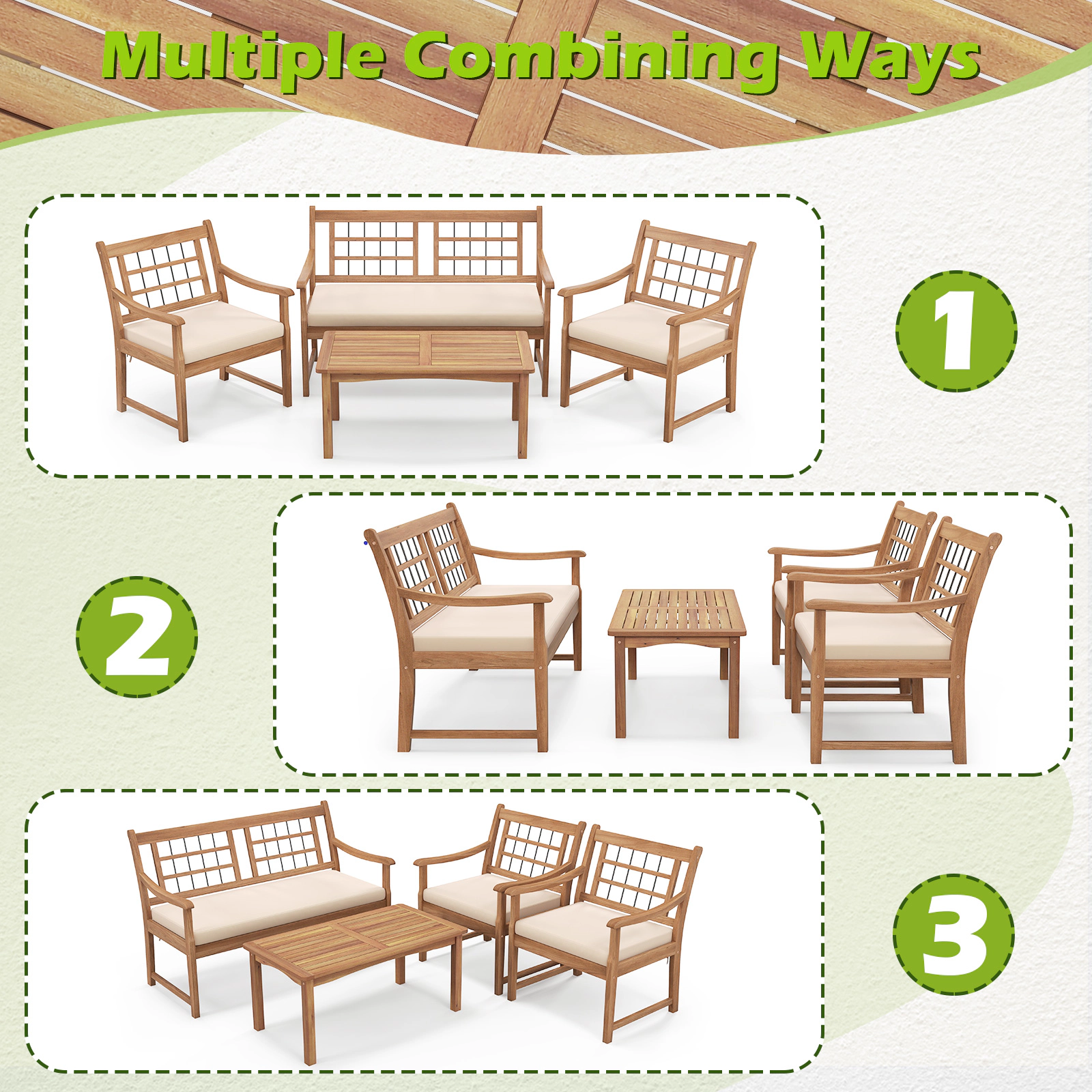 SUGIFT 4-Piece Acacia Wood Patio Furniture Set with Loveseat, 2 Armchairs, Coffee Table and Off-White Cushions