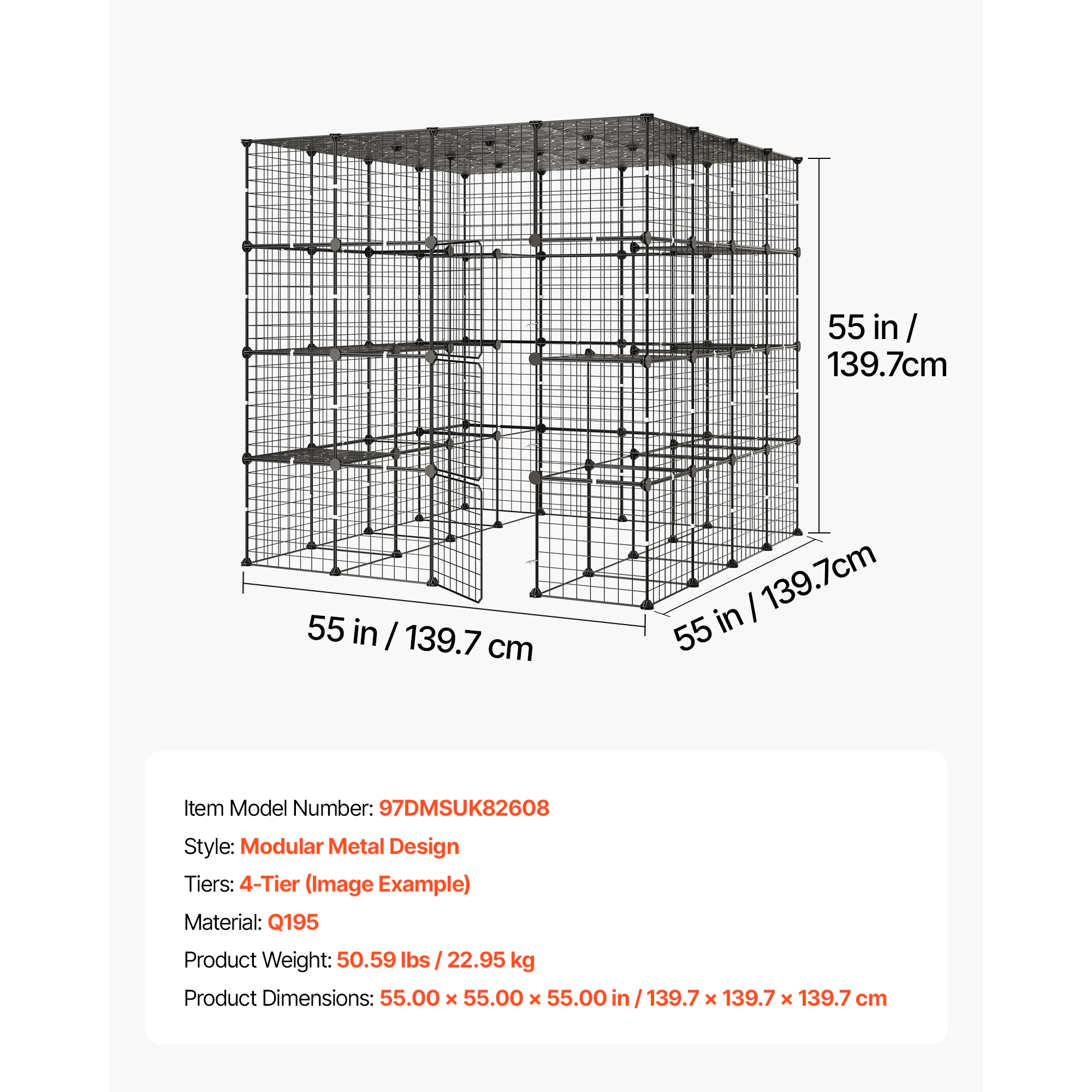HONGGE 55 x 55 x 55 in 4-Tier Steel Cat Cage Playpen with 3 Doors, Indoor Enclosure for 2-3 Cats, Black