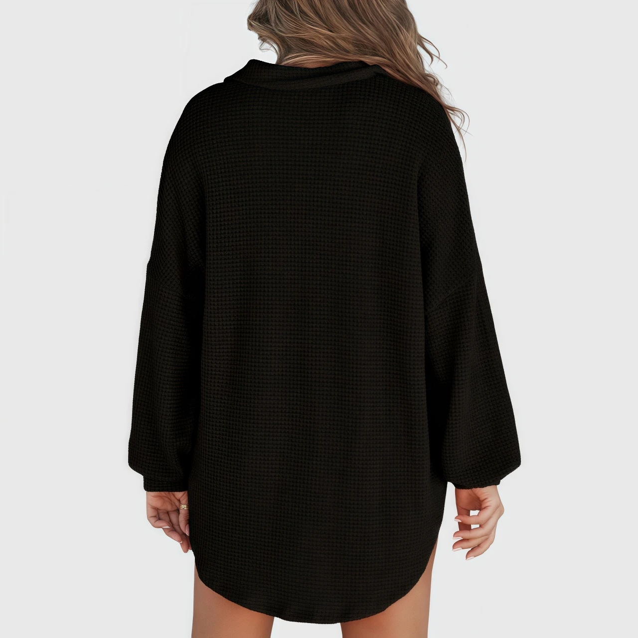 YesFashion Women Waffle Knit Henley Shirts Long Sleeve V Neck Solid Color Casual Tunic Tops