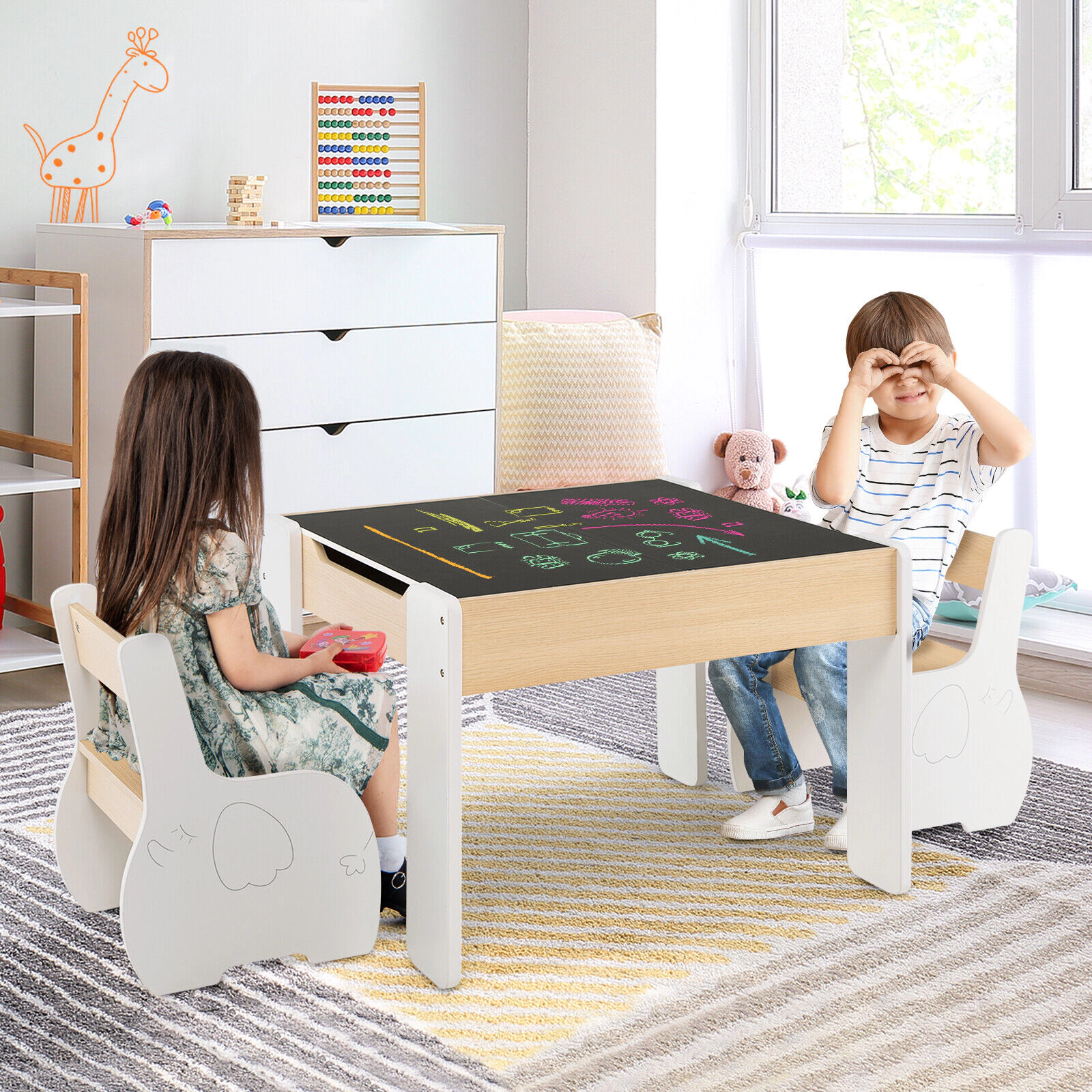 SUGIFT 4-in-1 Wooden Kids Activity Table and Chairs with Storage and Blackboard 66-Lb Desktop Ages 3-6 White/Gray