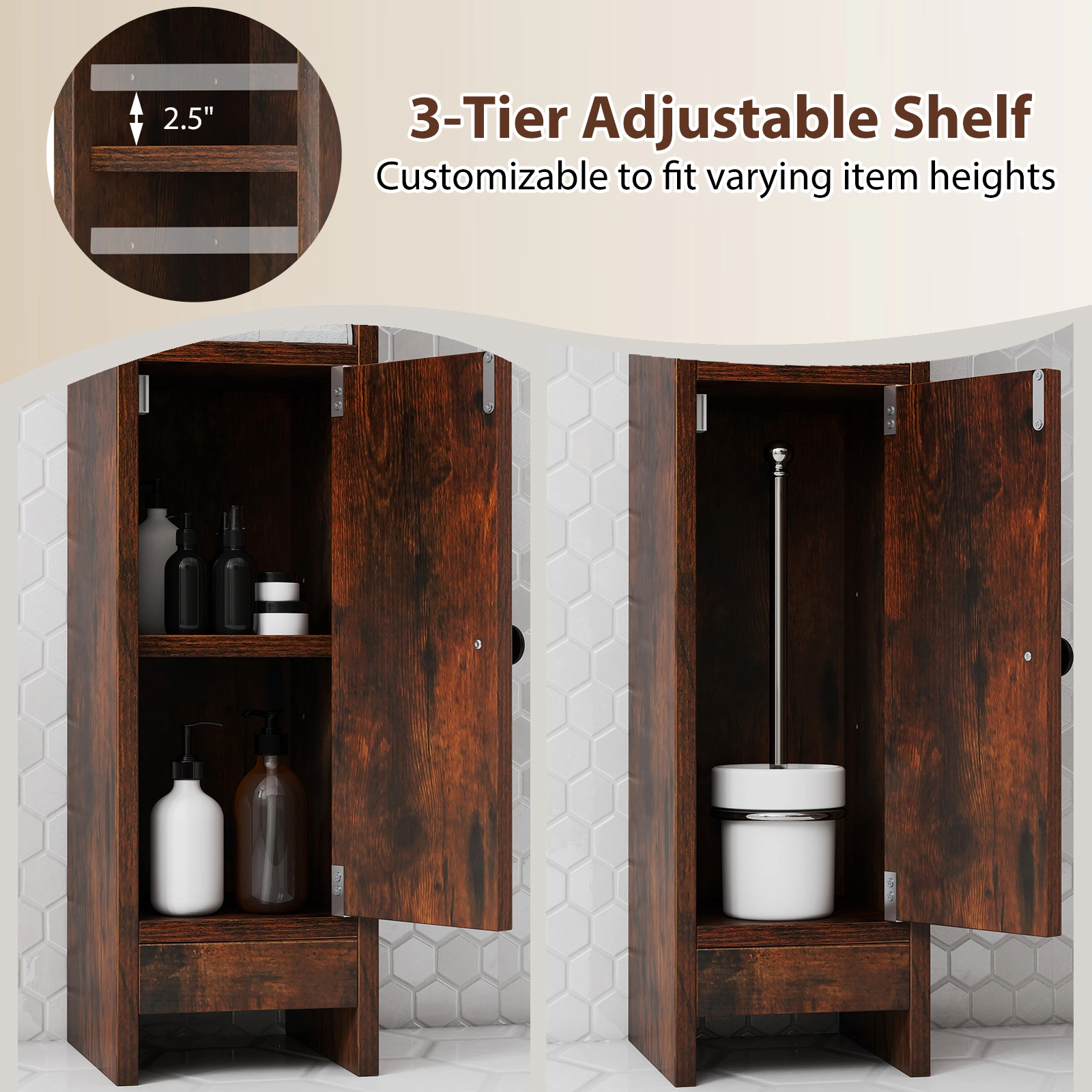 SUGIFT Slim Corner Bathroom Floor Cabinet with Door and Adjustable Shelf 31.5-in Tall 44-lb Capacity Rustic Brown