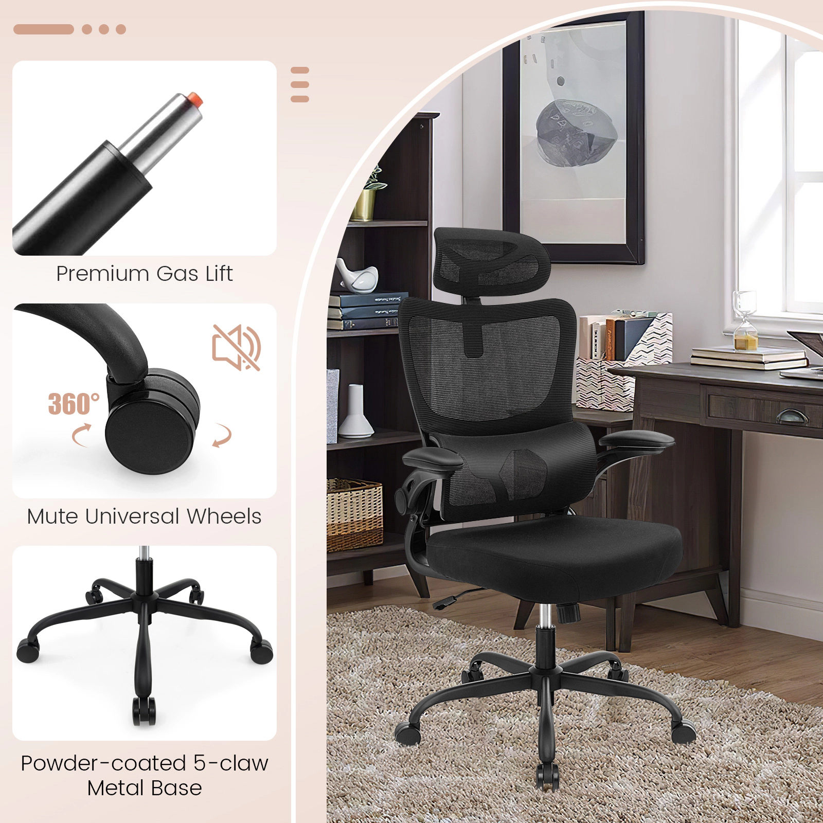 SUGIFT Adaptive Lumbar Support Flip-up Armrests Reclining Mesh Office Chair 25.5-in x 25.5-in x 45.5-in 300-lb Black