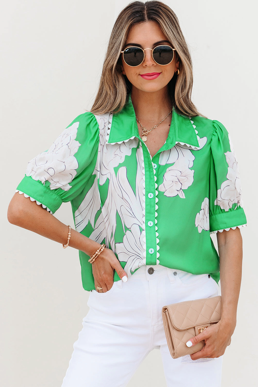Threaded Pear Women's Celina Floral Ric Rac Edge Sleeve Blouse