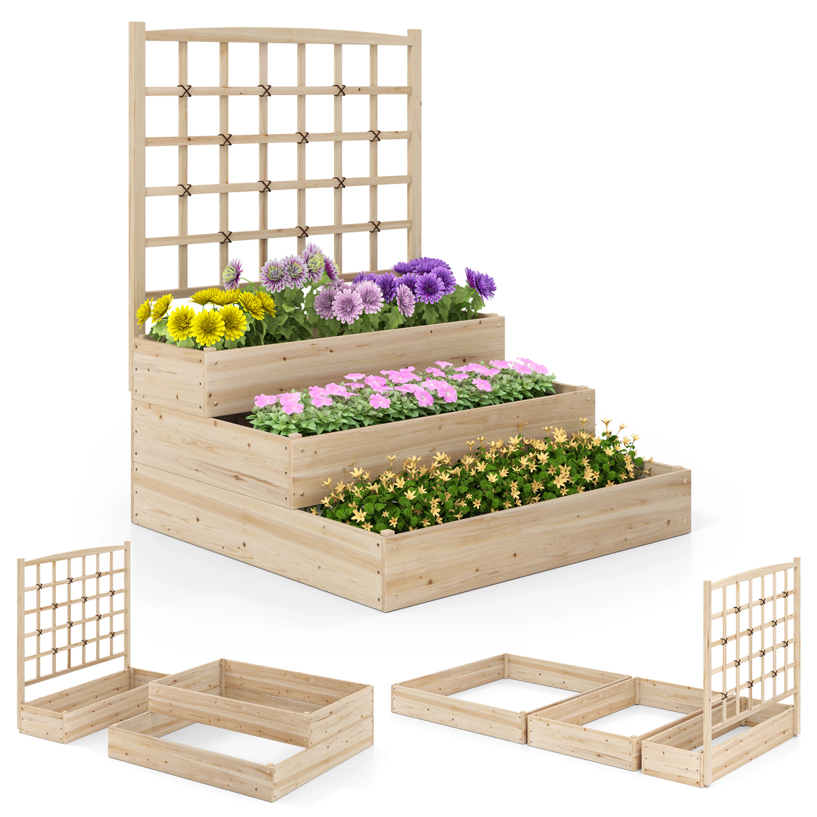 SUGIFT 3-Tier Natural Raised Garden Bed with Lattice Trellis and Open-Ended Base 44-in W 45-in D 56-in H